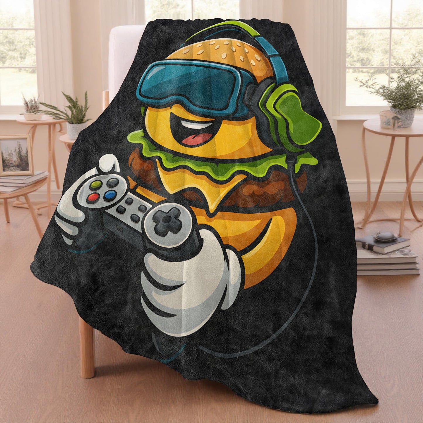Funny Gamer Burger Throw Blanket for Boys Girls Women, 50x60 in, Cozy Soft Warm Fleece Fun Cartoon Hamburger Blankets Gifts for Couch, Camping, Hiking Home Cabin Dorm Farmhouse Decor