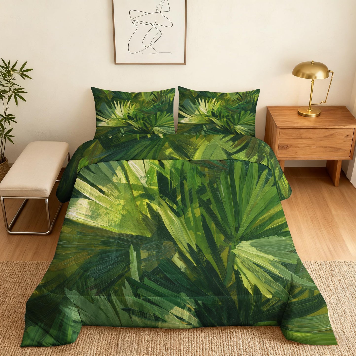 Palm Leaf Comforter Set King Size 3Pc, Tropical Plant Pattern Down Alternative Bed Comforter, 2 Pillow Shams, Soft All Season Bedding, Palm Leaf Bedroom Decor