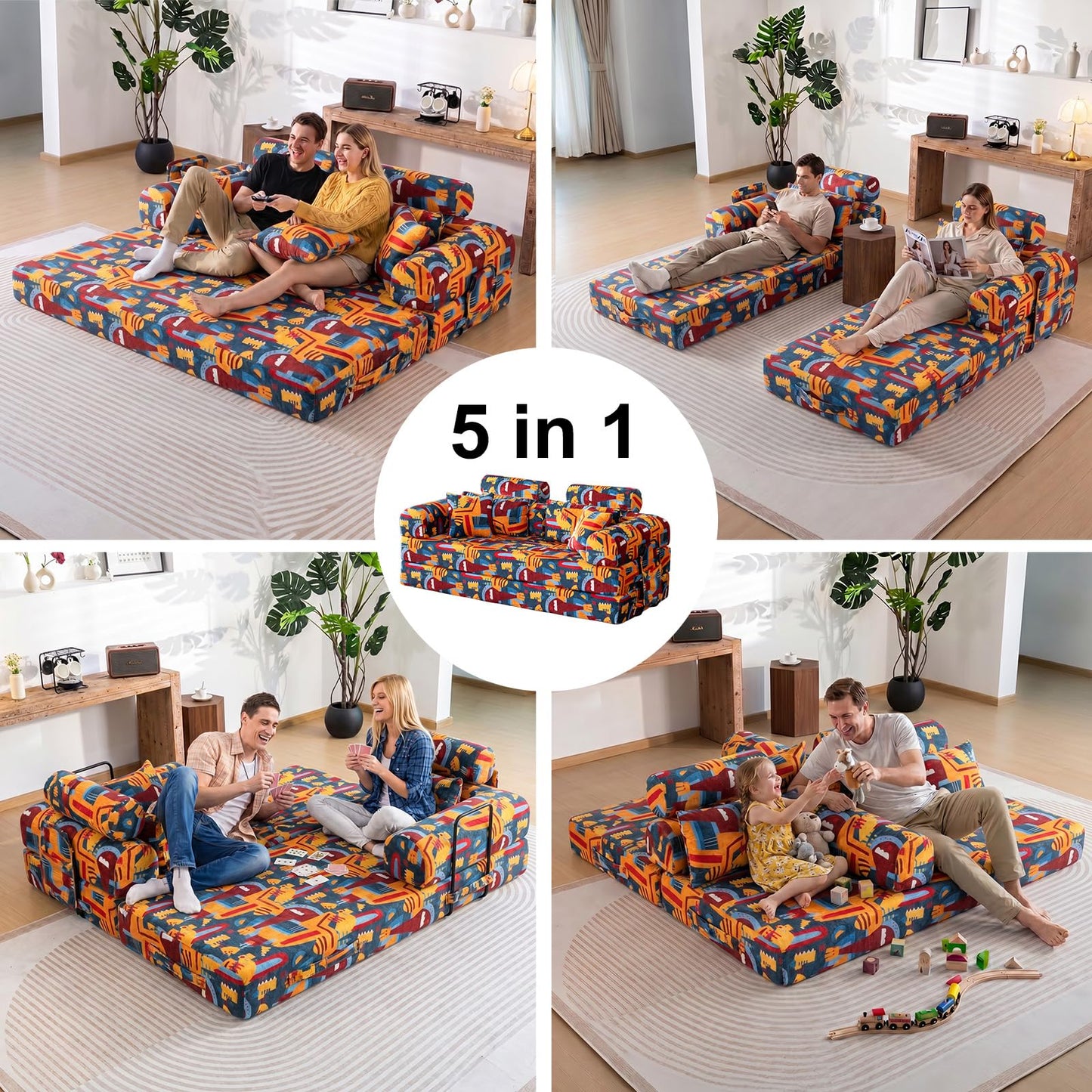 COOSYCO 79" Convertible Sofa Bed, 5-in-1 Corduroy Floor Couch, Boneless Couch with Ergonomic High Back Support & Side Storage Pocket, No Assembly for Bedroom Living Room (Graffiti B)