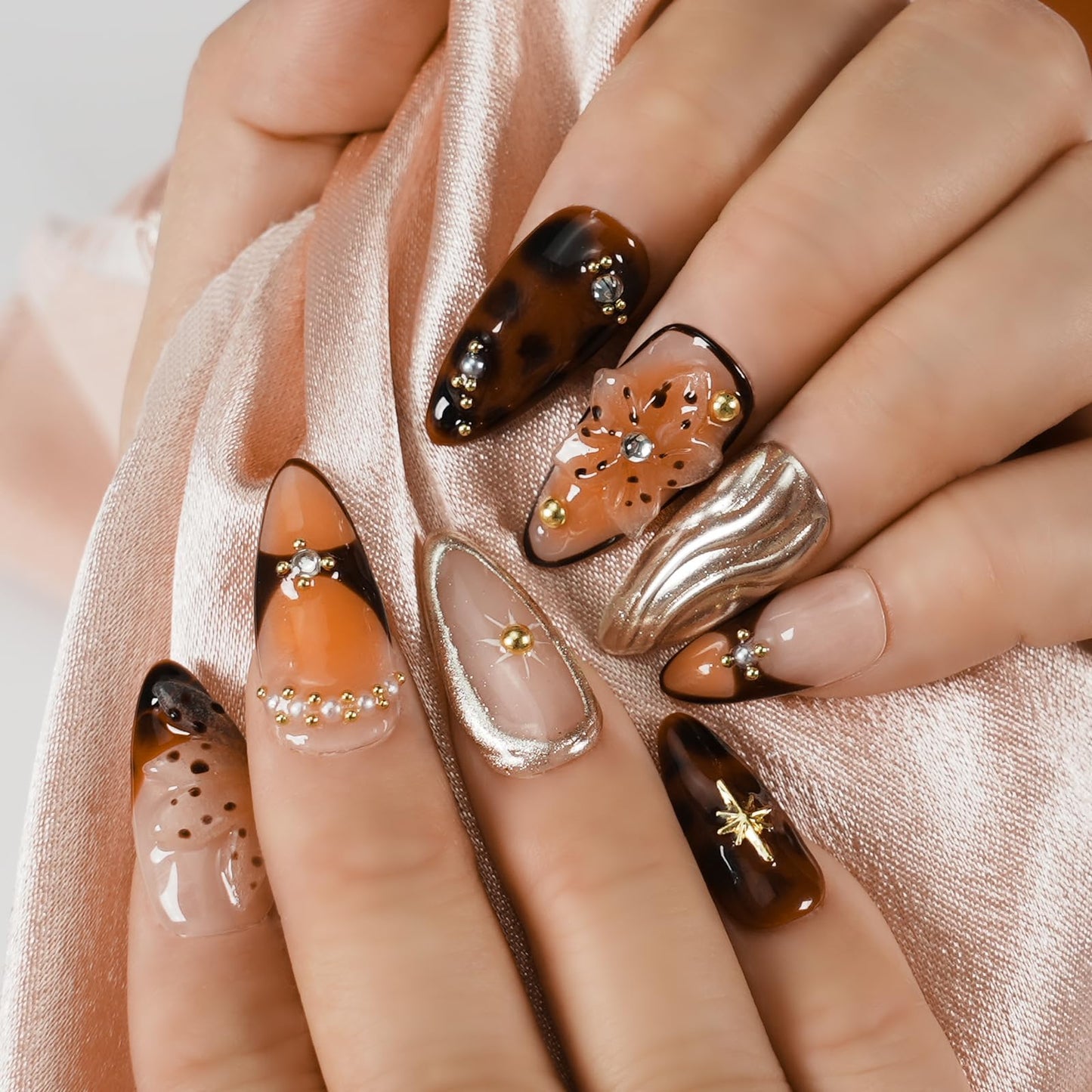 Tesytto Luxury Handmade Press on Nails - Gothic Gold Cross & 3D Floral Medium Almond, Vintage Pearl Rhinestone Glossy Salon Quality Nails (Orange Diamond Sweet Luxury,M)
