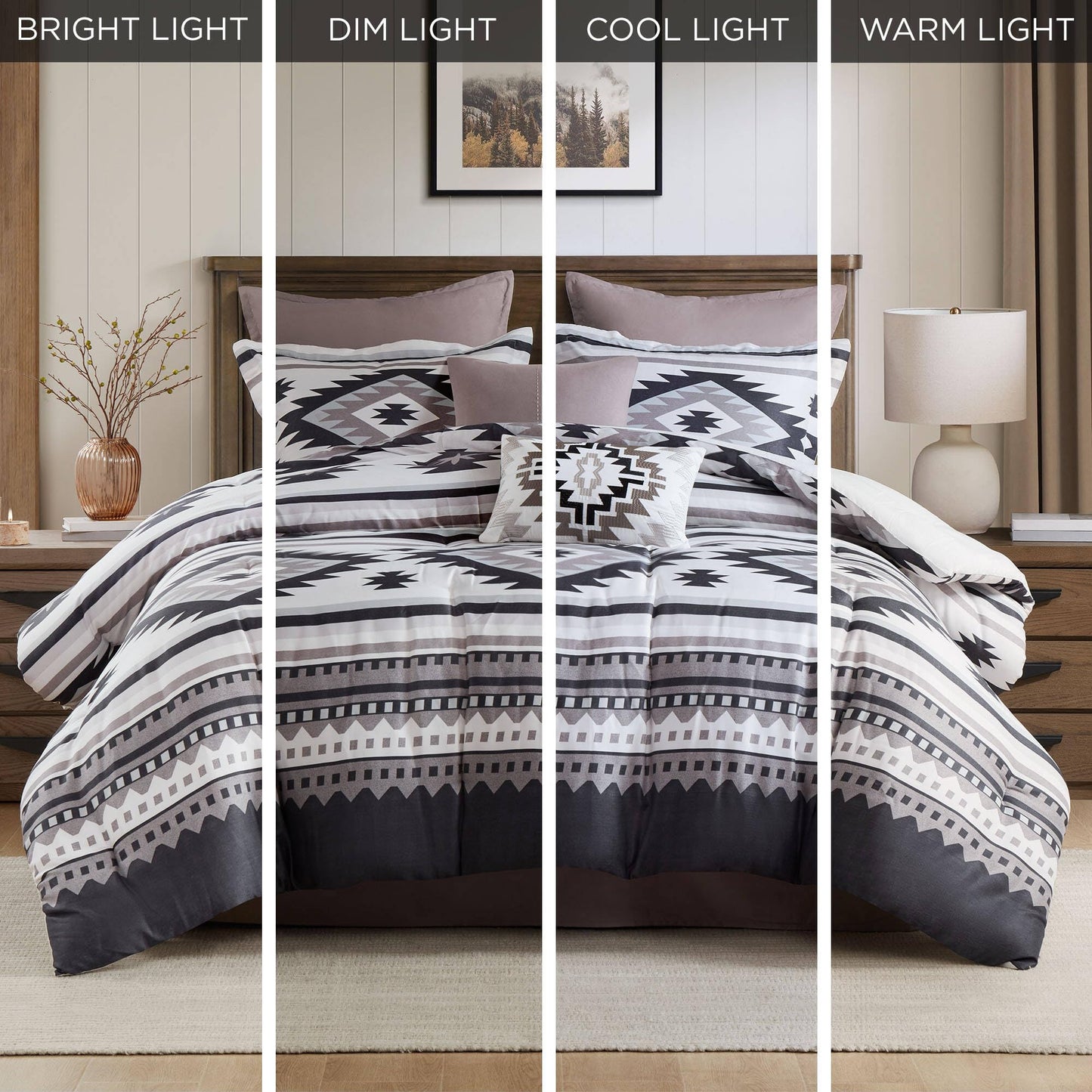 Woolrich Queen Comforter Set, Southwestern Aztec 8 Piece Bedding Set, Peached Herringbone Comforter, 300GSM All Season Down Alternative, Rustic Lodge Style Bedskirt, Euro Shams & Pillows, Taupe