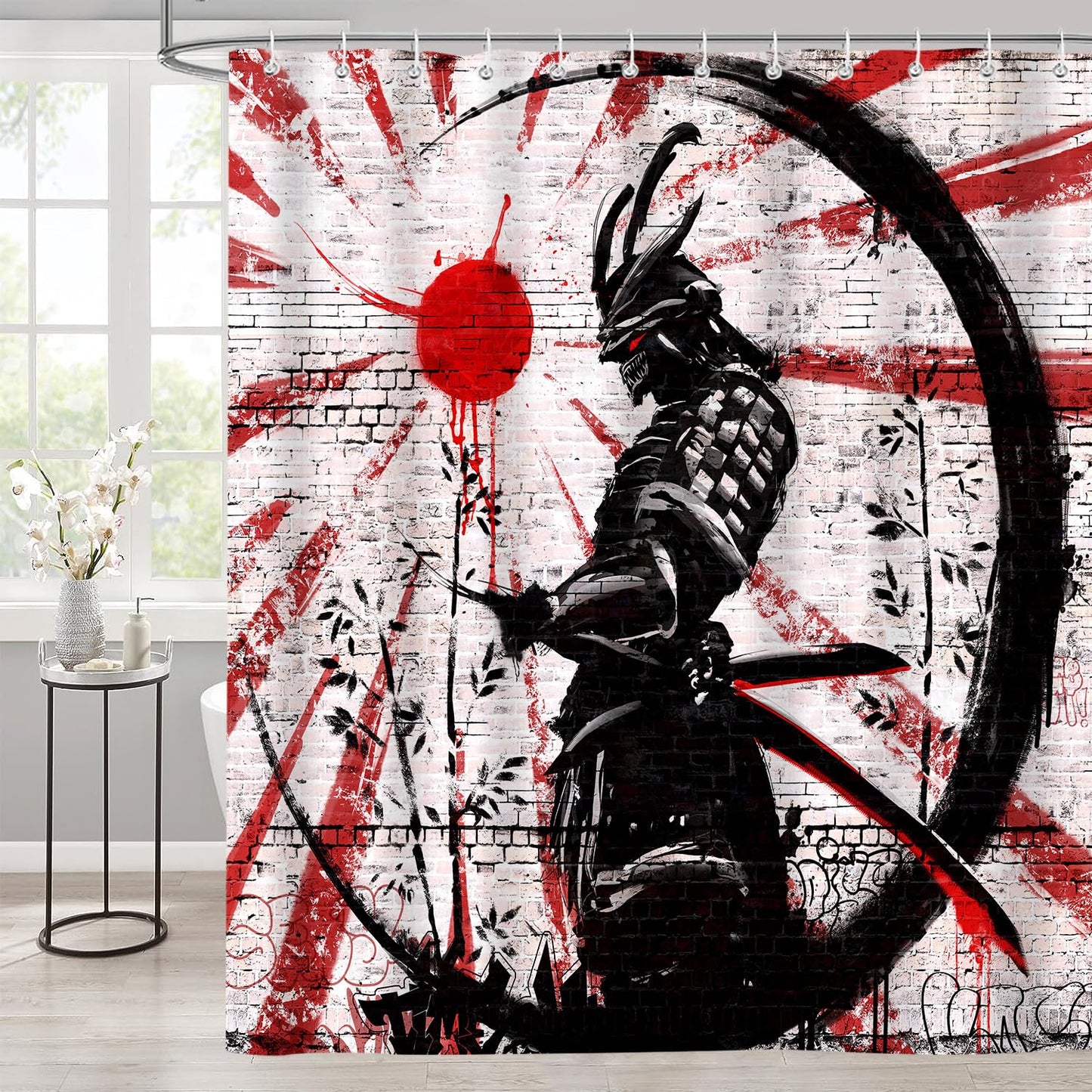 iTapnoom Japanese Samurai Shower Curtain, Asian Japan Cool Anime Red and Black Men Shower Curtains Set Sun Moon Art Fabric for Bathroom Decor Bath Accessories with Hooks 72X72 inch