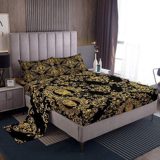 Feelyou Adults Golden Vintage Damask Floral Sheet Set Oriental Antique Sheets with Deep Pocket Fitted Sheet Full Size Gothic Bohemia Boho Bed Sheets Set Exotic Sugar Skull Bedding Set Bed Set 4Pcs