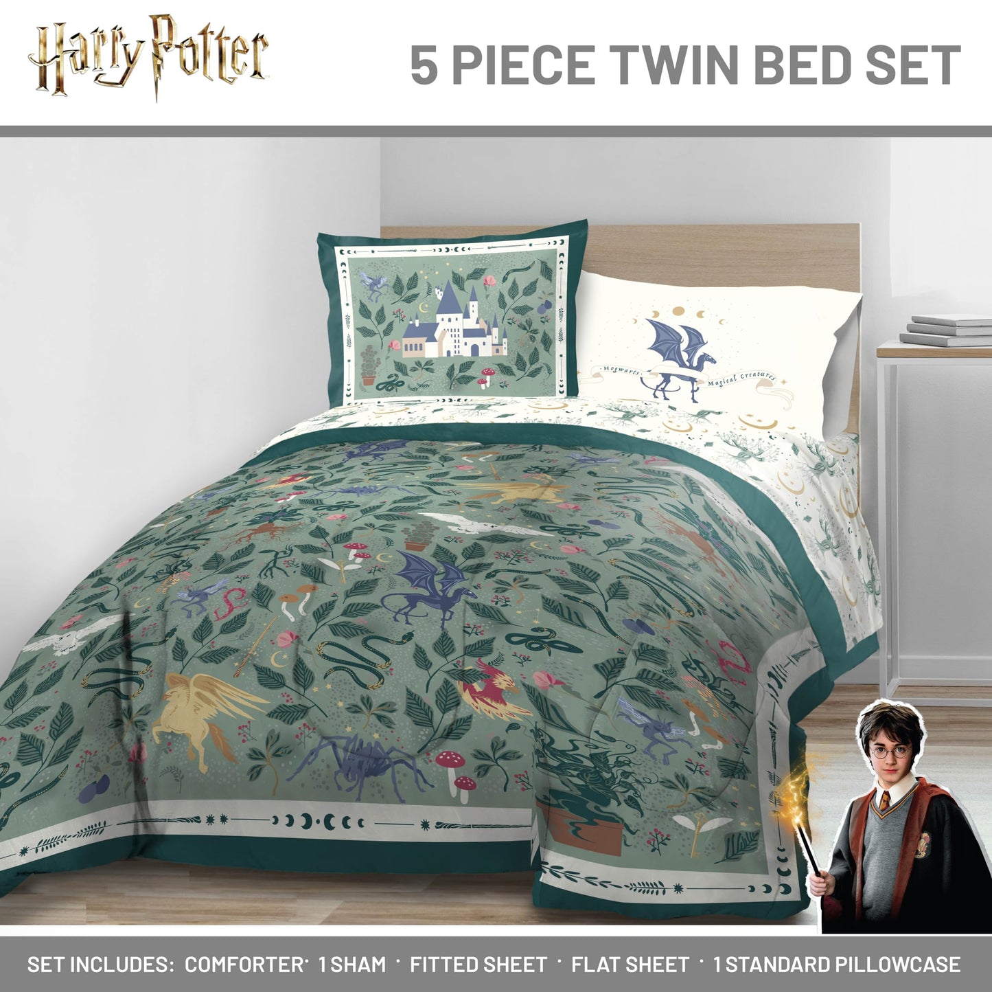 Jay Franco Kids Comforter Set Includes Sheets and Pillow Covers - Soft and Cozy Bed Set for Stylish Room Decor, Official Licensed Product, Green - Harry Potter, 5 Piece Twin