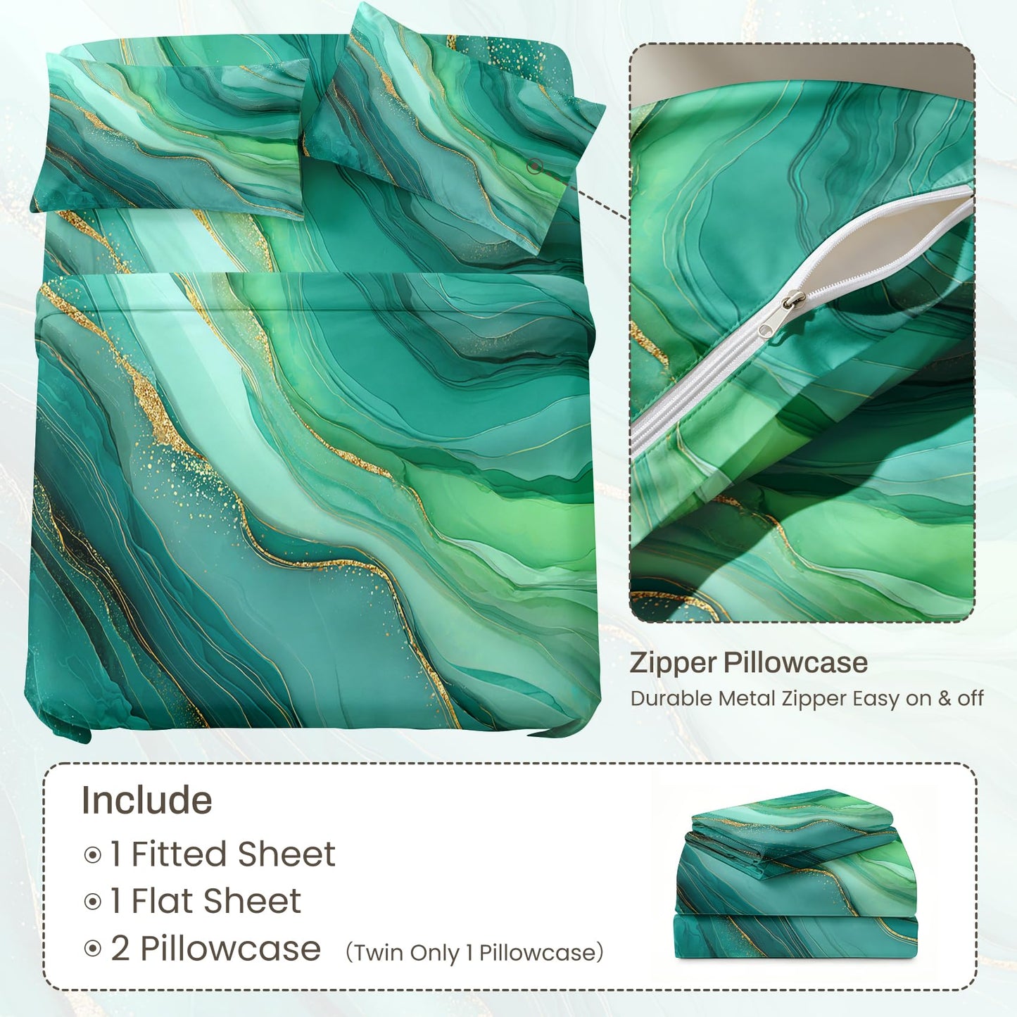 Green Full Sheet Set Marble Fluid Art Flat Fitted Sheet Sets, Green