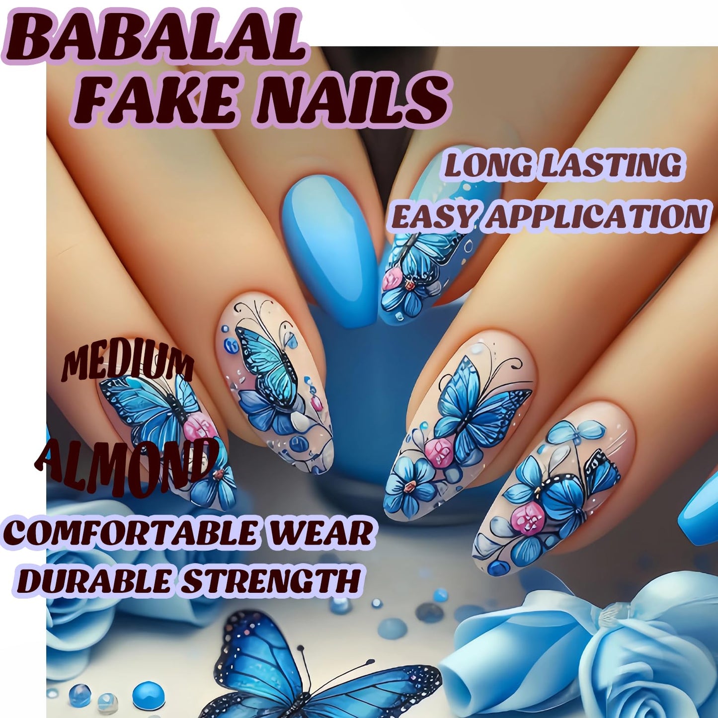 BABALAL Press on False Nails Medium Almond Fake Nails Blue Glue on Acrylic Nails Butterfly Summer 24Pcs Stiletto Full Cover Artificial for Women Girls