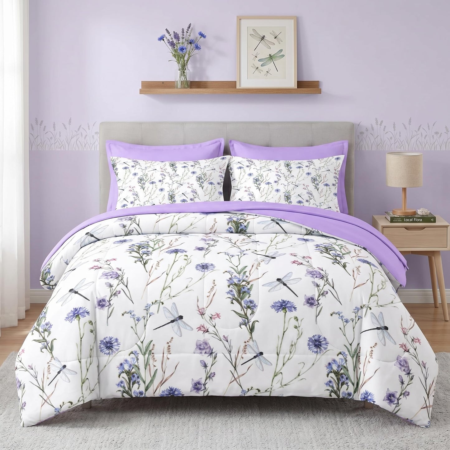 Pamnest Comforter Set Twin Size, Botanical Flower Dragonfly 5 Pcs Bedding for Kids and Adults, Herb Plant Wildflowers Bed Sheet Sets with Fitted Sheet Pillowcase & Sham for Bedroom Bed Decor