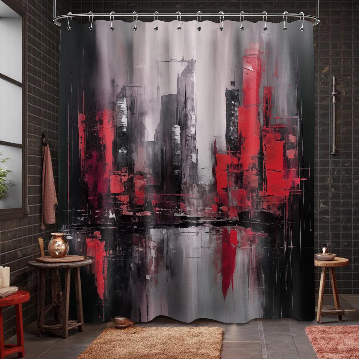 dueeia Red and Black Abstract Shower Curtain, Dark Red, 70 x 72 inch