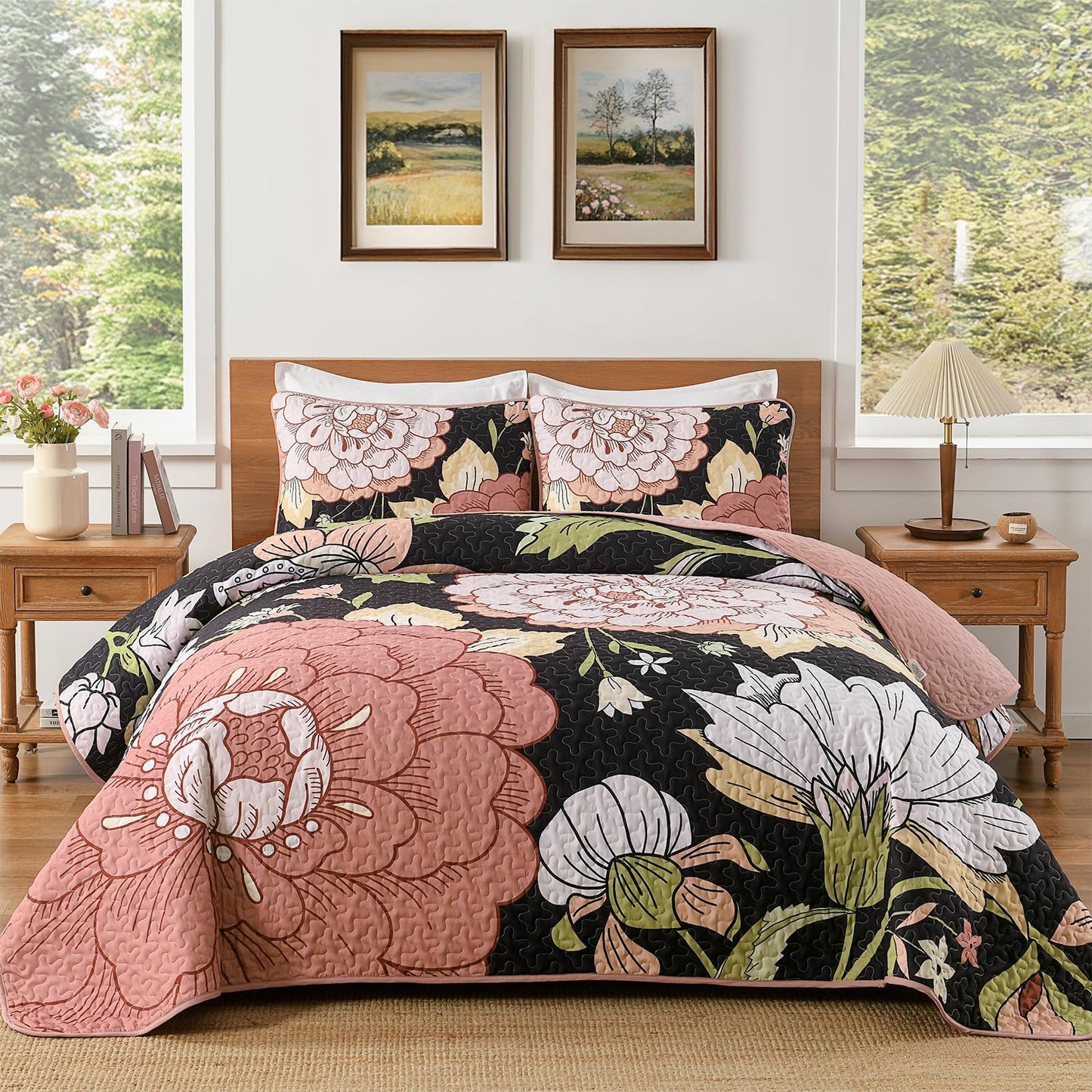 DJY Black Quilt Set Queen Size 3 Pieces Floral Boho Bedspread Coverlet Set, Soft Microfiber Black Pink Farmhouse Floral Quilted Bedding Set Reversible Bed Cover for All Season, 96''x90''