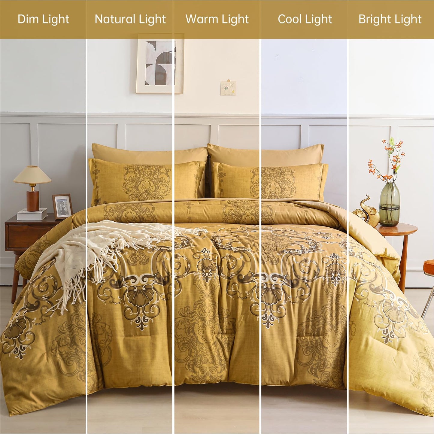Mybedsoul Gold Queen Comforter Set, 7 Pieces Boho Bed in a Bag for Queen Bed, Damask Comforter with Sheets Pillowcases, Soft Microfiber Lightweight Bedding Sets for All Season(90"x90")