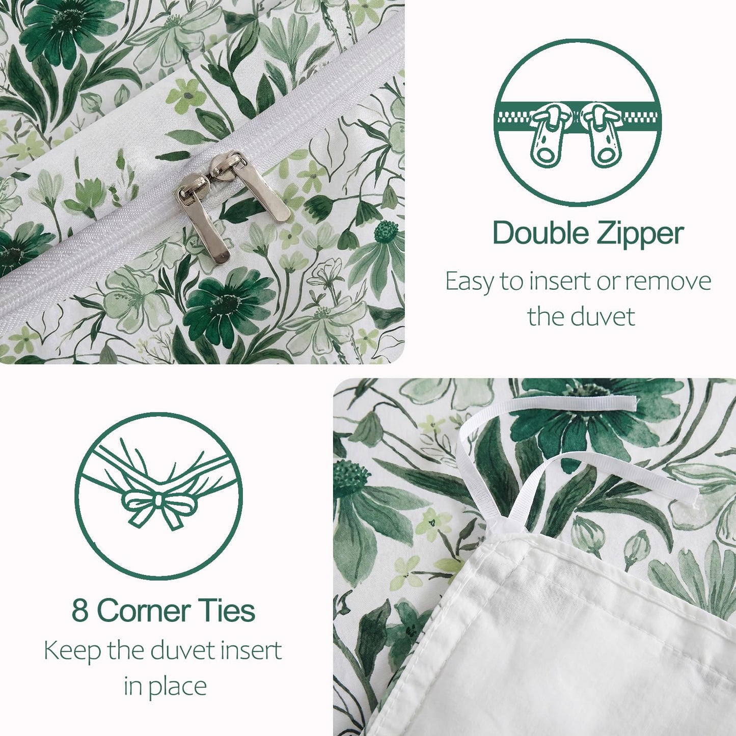 MOVE OVER Green Floral Duvet Cover Queen Size, 100% Cotton Duvet Cover Set with Zipper Closure & Corner Ties, Soft Breathable Line Art Botanical Duvet Cover Set for All Seasons