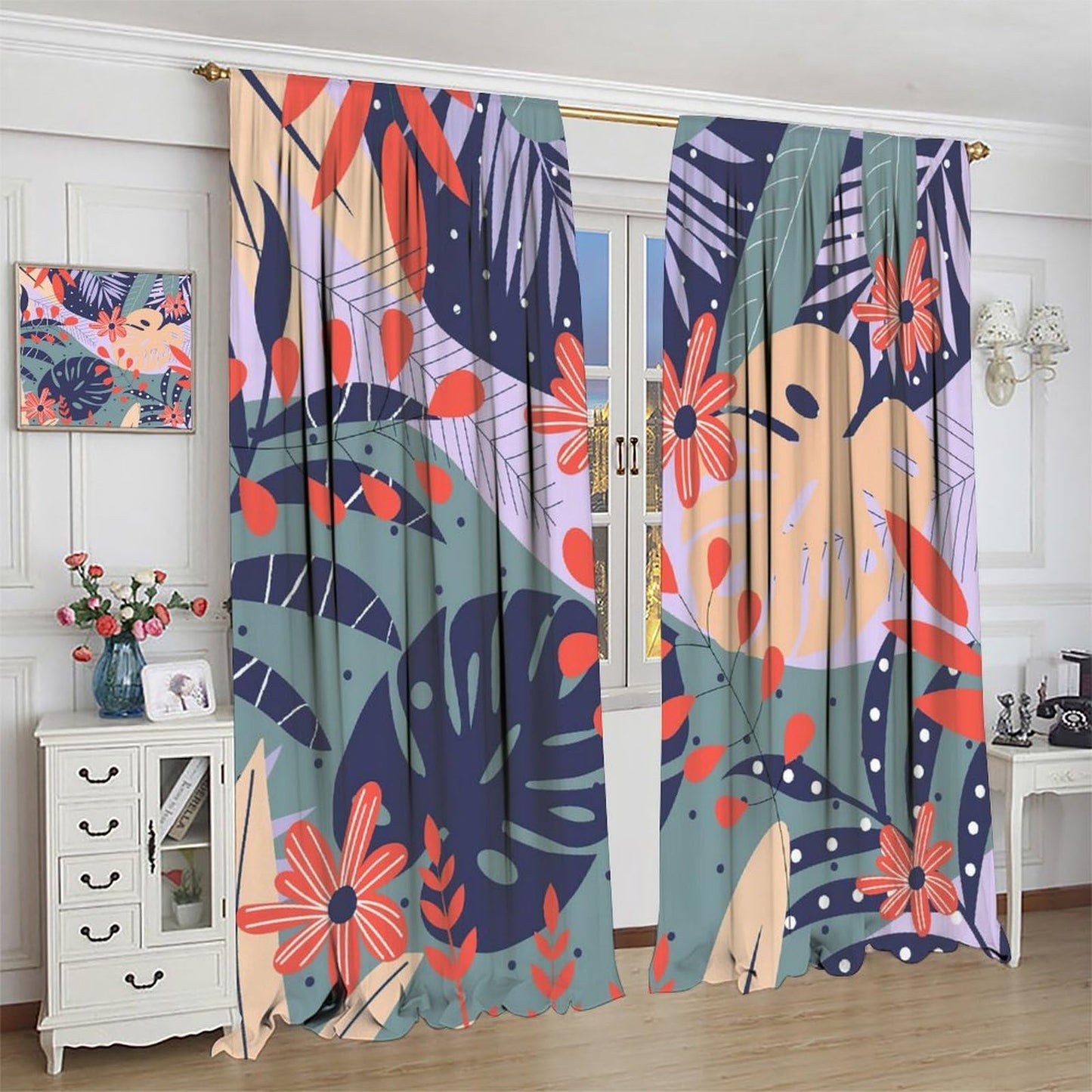 Abstract Plants Leaf Curtains, Mid Century Botanical Leaves Modern Window Drapes, for Living Room Bedroom 42" W X 45" L (Decorative)