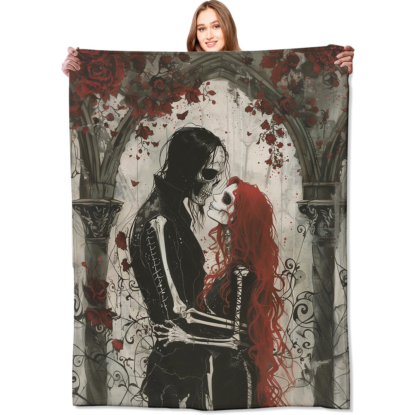VODRM Gothic Romance Skull Lovers Blanket,Red Rose Skeleton Throw Blankets,Gifts for Women Men, Lightweight Soft Fleece Cozy,for Sofa Couch Bed Room Travel,Festival Halloween Goth Decor,50x60in