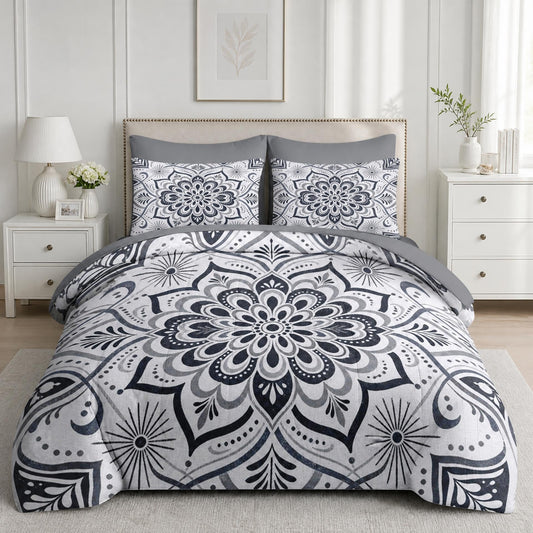 Boewywh Comforter Set Twin Size Mandala Boho Floral 7 Pcs, Bedding for Kids and Adults, Geometric Black Bed Sheet Sets with Fitted Sheet 2 Pillowcases & 2 Shams for Bedroom Bed Decor