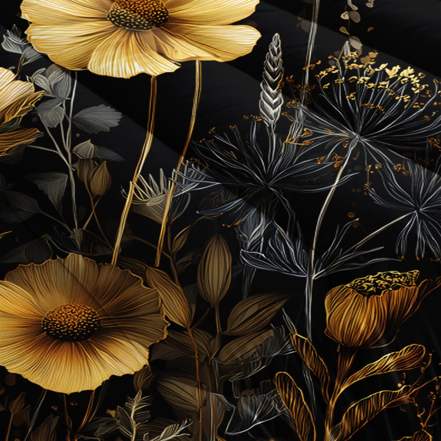 AILONEN Dark Meadow Full Comforter Set 3 Piece, Yellow Poppy Bedding Pack, Dandelion Stem Art, Guest Bedroom, 2 Pillowcases