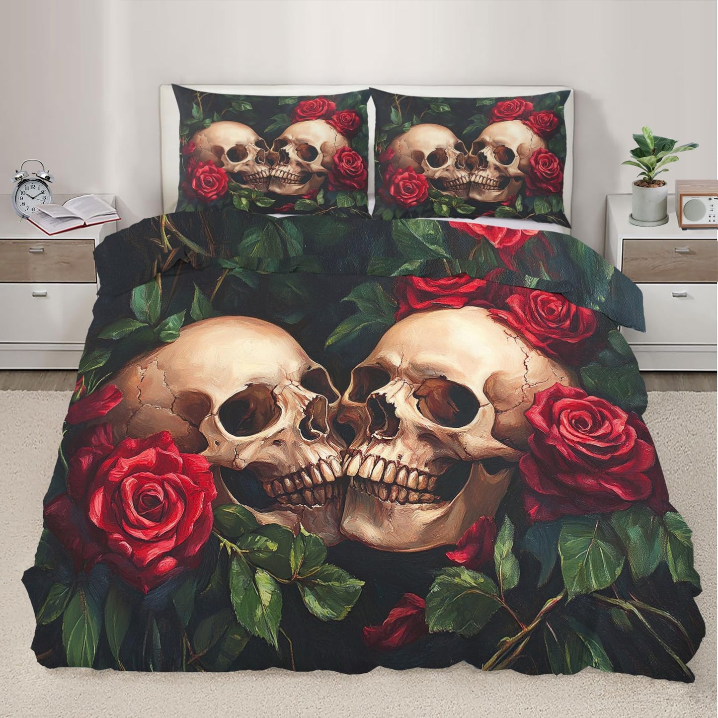 PAISUOQ Gothic Duvet Cover King Size, Hippie Skull Bedding Set, 3 Piece, Soft Microfiber Patterned Comforter Cover with Zipper Ties & 2 Pillowcase, Romantic Roses Bedroom Decor & Gifts