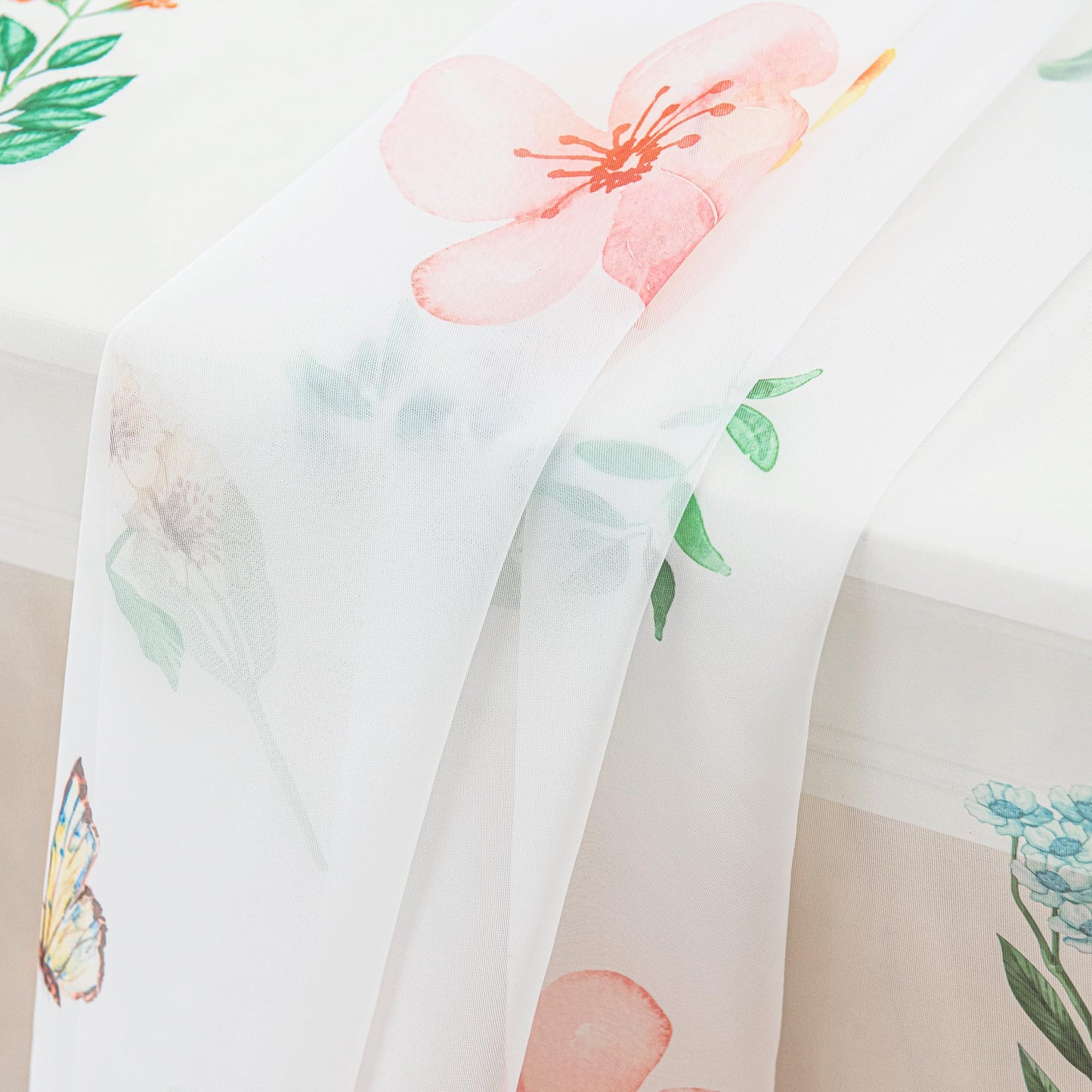 youleyar Floral Sheer Curtains for Living Room 84 Inches Long 2 Panels White Semi-Sheer Curtain with Flower/Leaves Printed Pattern Summer/Spring Rod Pocket Voile Drapes for Bedroom, 52" W x 84" L