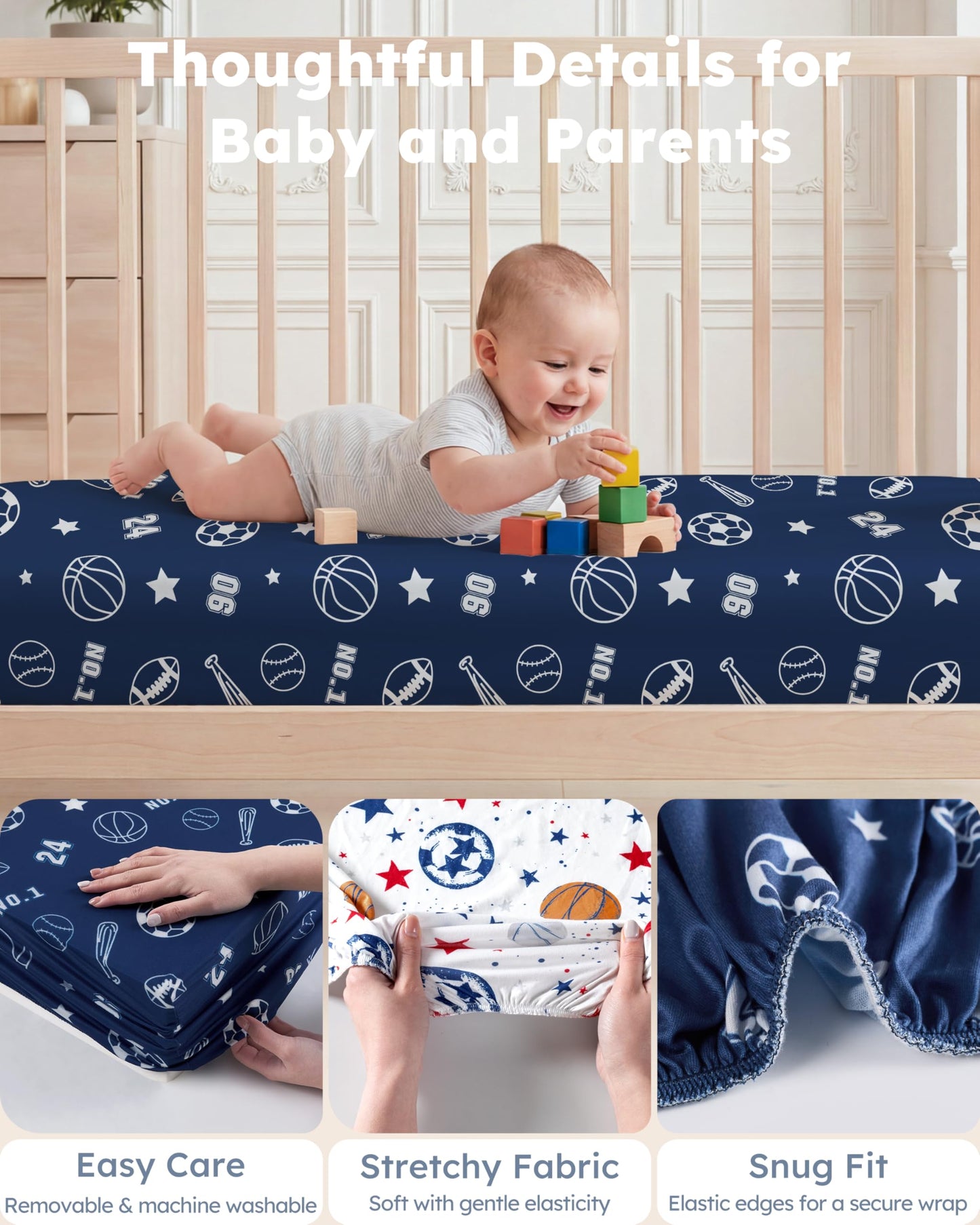 Nyessmee Pack and Play Sheets for Boys Girls, 38" x 26" Mini Crib Sheets Fitted for Pack n Play Mattress, Soft Breathable Playard Sheets, 2-Pack Blue Basketball