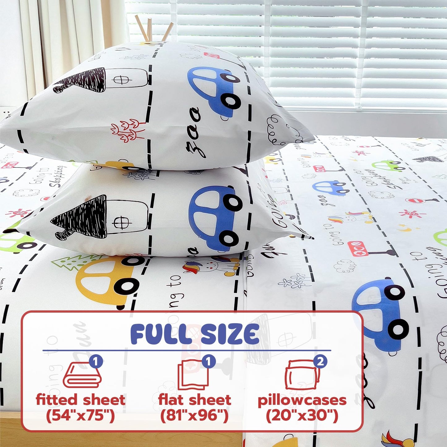 Homilay Full Sheet Set Kids - Car 4 Pieces Soft Microfiber Cartoon Style Bedsheets for Boys Girls Teens, Oeko TEX Breathable 15 Inch Deep Pocket Sheets(Unicorn Town)