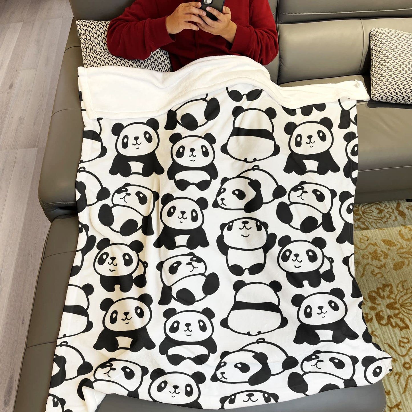 YISUMEI Black and White Panda Blanket, Sitting Lying Down the Little Panda Changes Various Positions, Indoor and Outdoor Use, 60"x80"