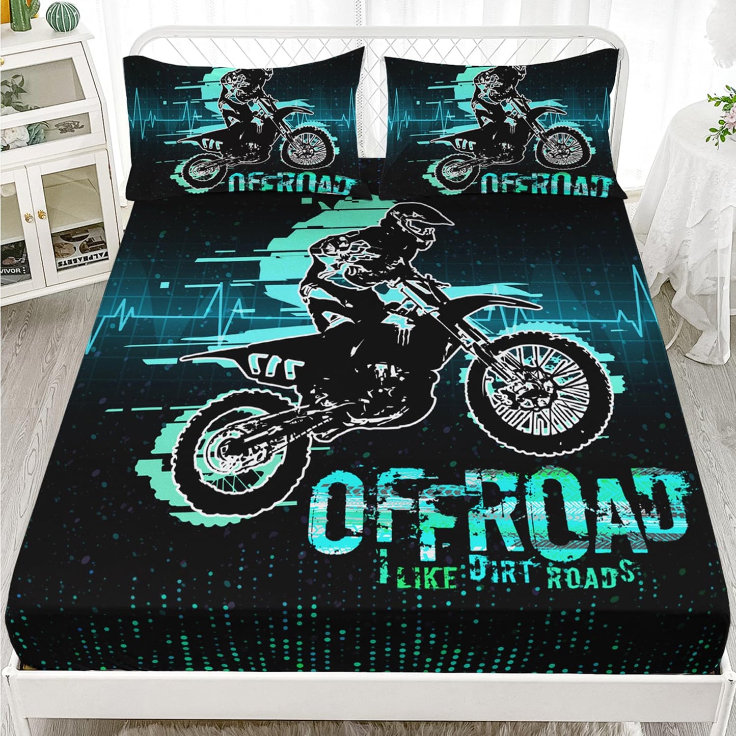 HOSIMA Extreme Sport Theme Fitted Sheet Motorcycle Twin Bedding Set for Boys Kids Teens,Dirt Bike Tournament Kids Game Room Decor,Motocross Rider Green Fitted Sheet with 2 Pillowcases.