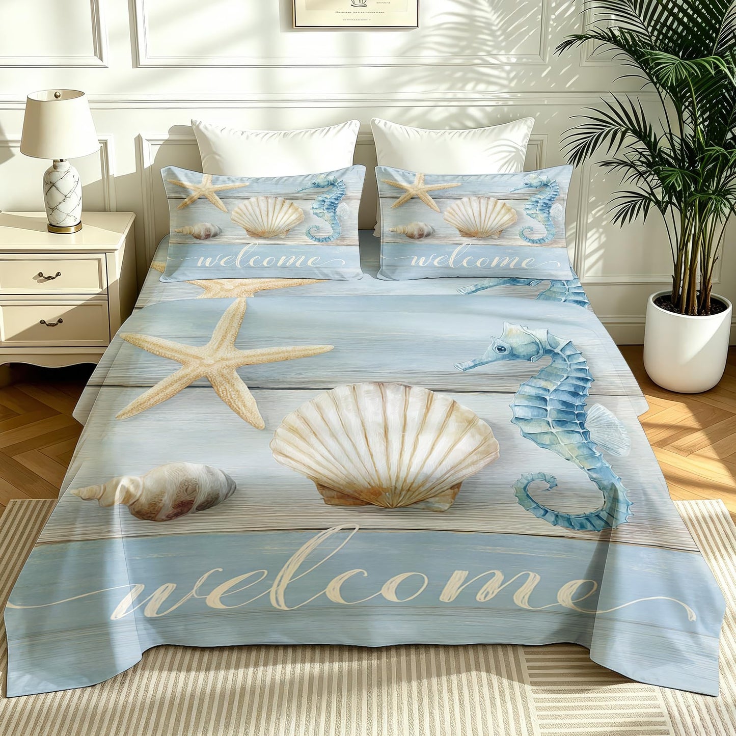Seahorse and Shell Queen Sheet Set 4 Pcs Rustic Wooden Bed Sheets