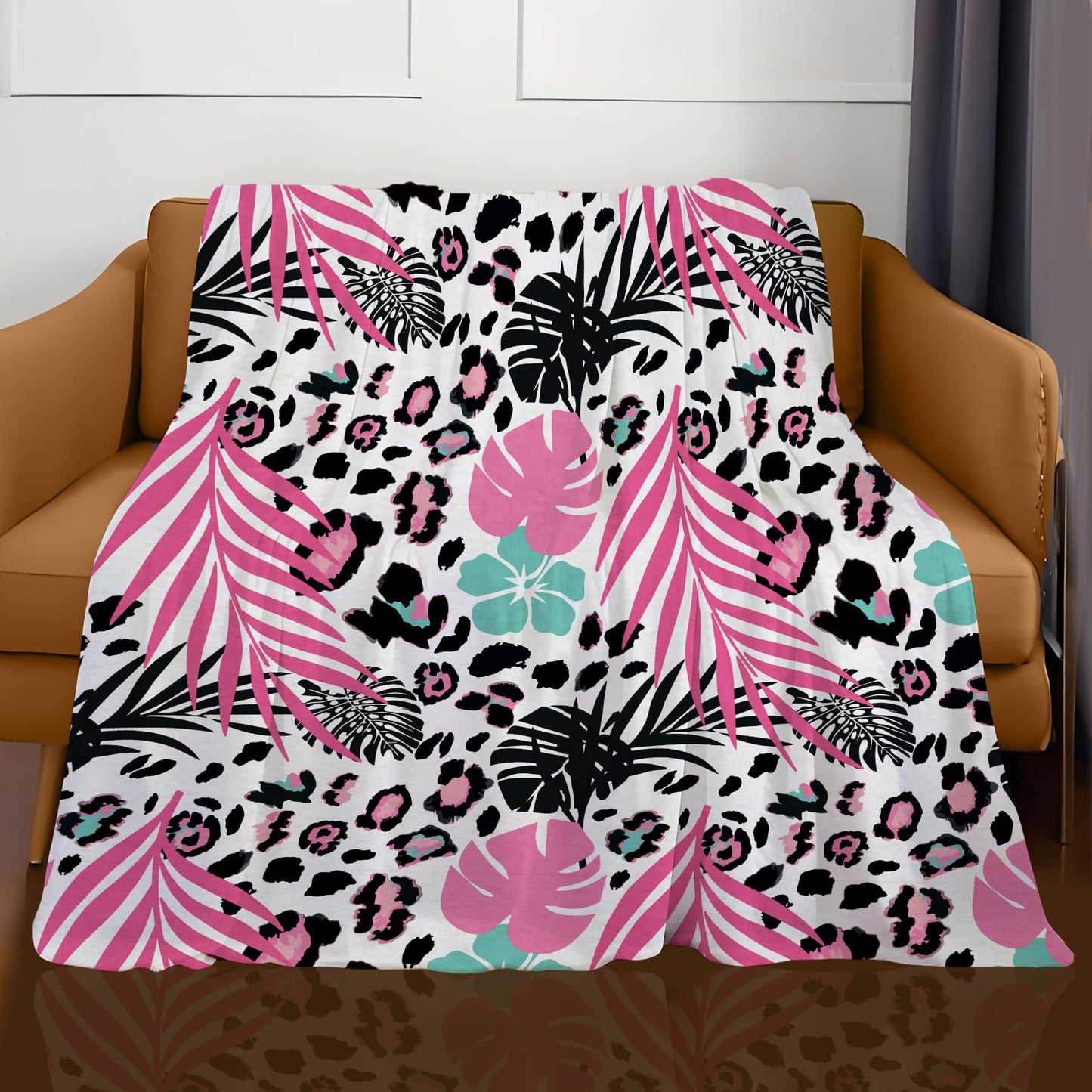 ANIOXCK Throw Blanket for Couch, 300GSM Warm Soft Cozy Flannel Blanket, Cute Blanket for All Seasons Bedroom Home Decor Gifts, Cute Leaf Leopard 50x60 Inches