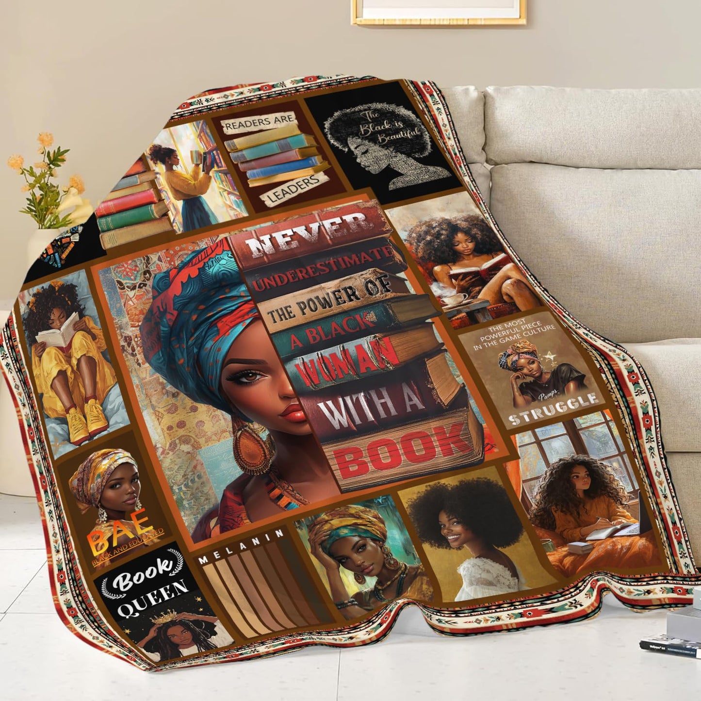 African American Gifts for Women, Book Lover Throw Blanket, Black Women Reading Flannel Blanket, Cozy Fleece Soft Stuff Blankets Gift for Girls Couch Sofa Bed 50" x 40"