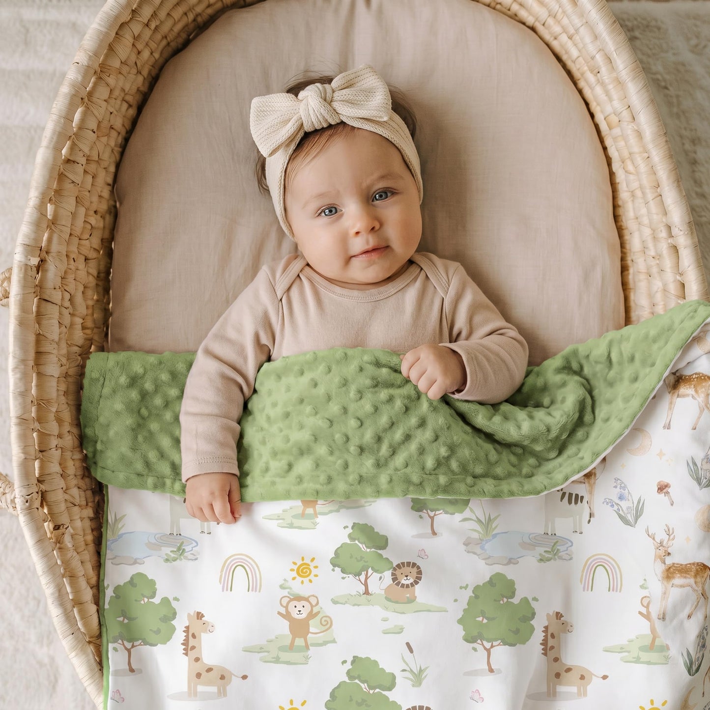 CIVARUA KIDS Baby Blankets for Neutral, Green Animals, 30x40 | Soft Cozy Fleece Receiving Blanket for Newborn & Toddler, 3D Minky Dotted Backing, Breathable for Crib, Stroller & Tummy Time