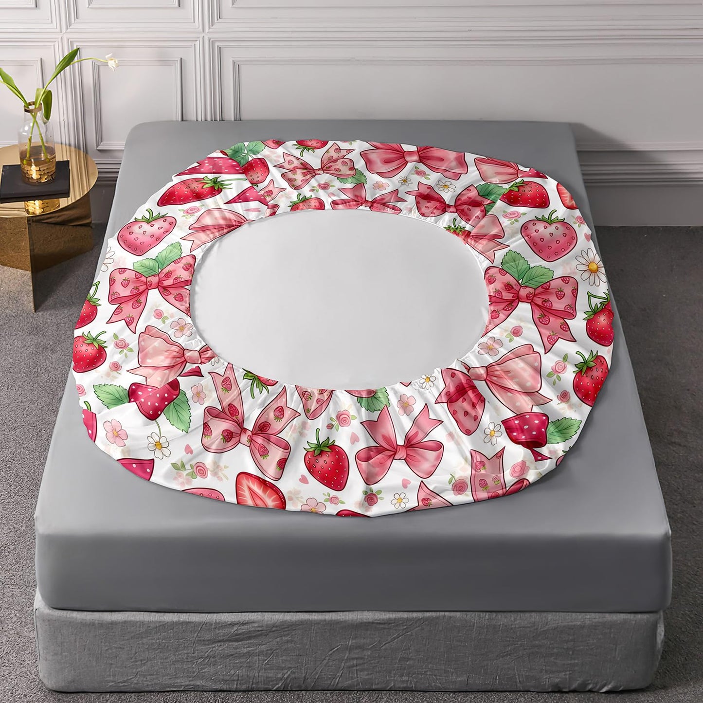 AILONEN Strawberry Bow Twin Fitted Sheet Set, 3 Piece Microfiber Bedding Pack with 2 Pillowcases, 16 Inch Deep Pocket, Pink Fruit Room Style