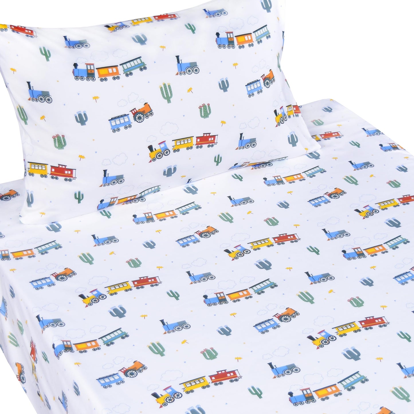 Scientific Sleep Little Train Cactus Cute Fun 100% Cotton Cozy Twin Bed Sheet Set, Flat Sheet & Fitted Sheet & Pillowcase Kids Boys Bedding Set (Trains, Twin)