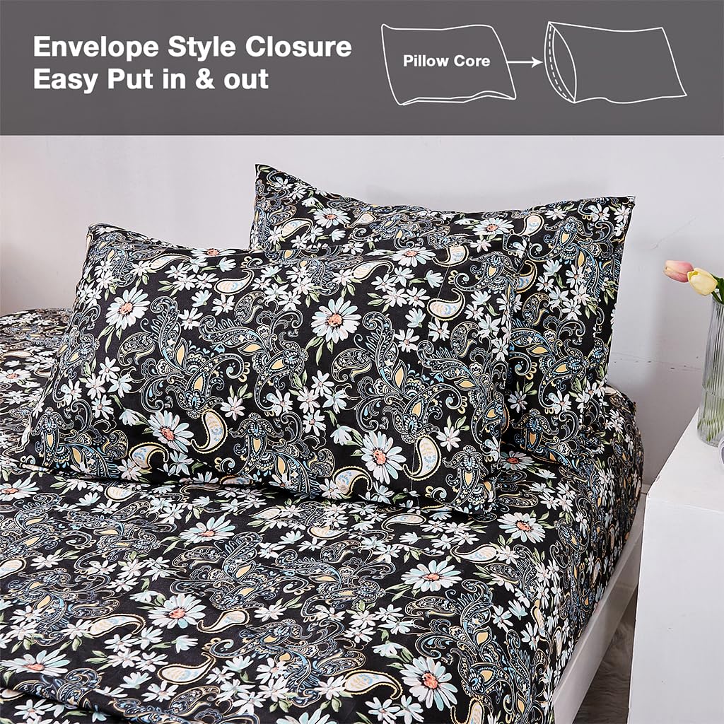 JSD Black Paisley Floral Printed Sheet Set Queen Size, 4 Piece Soft Pattern Microfiber Sheets Extra Deep Pocket