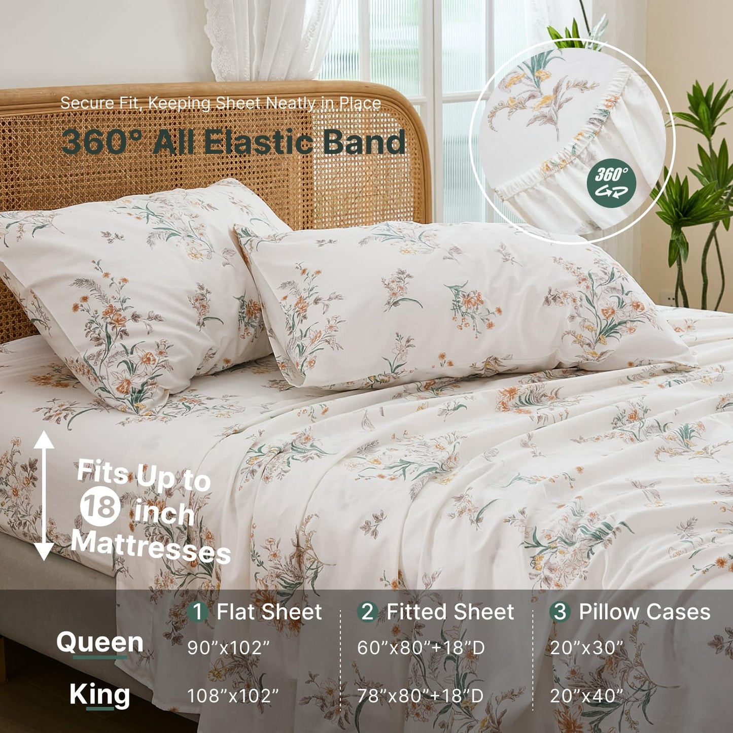 Cozaline 100% Cotton Sheet Set King Size – 4-Piece Shabby Chic Floral Bedding Set, Soft Breathable Percale Weave, Deep Pocket Fitted Sheet 17.5", Crisp Cool Feel, Refined Botanical Elegance