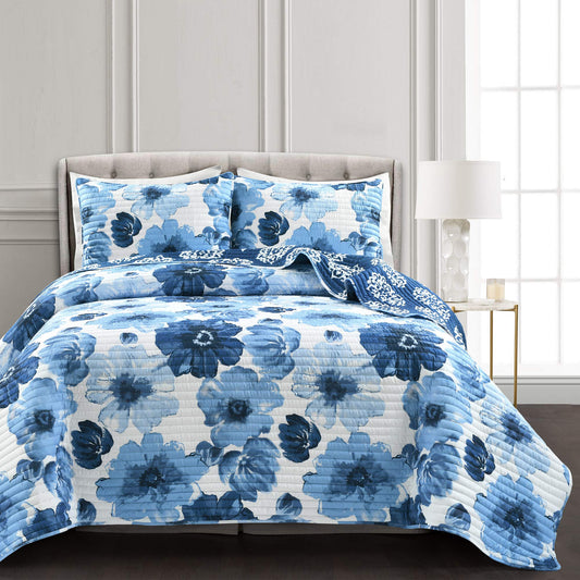 Lush Decor Leah Reversible Floral Quilt Set, 3 Piece Set, King, Navy & White - Watercolor Botanical - Cottage Core - French Country Decor- Bedding Queen Size