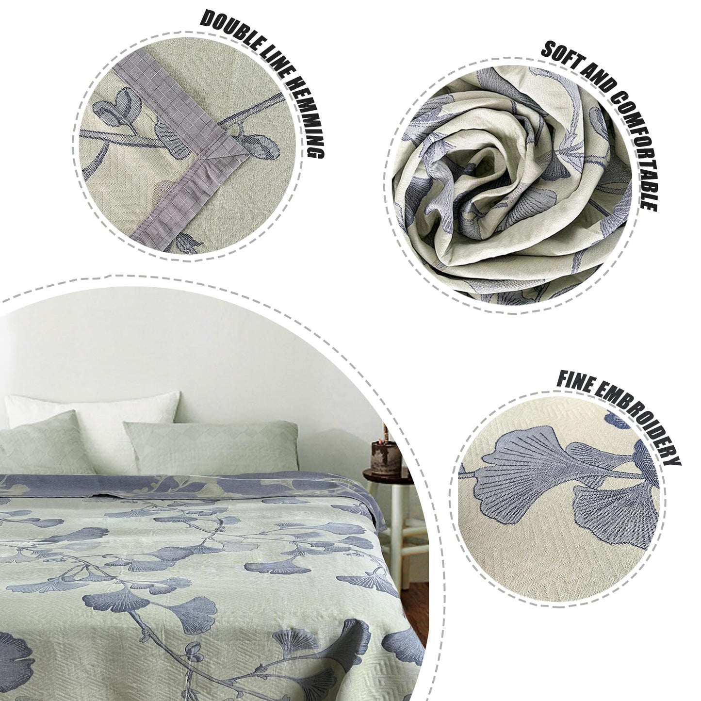 Bifqioy Ginkgo Leaf Quilt Queen Size Green Gray Reversible Cotton Bedspread Coverlet for All Seasons Lightweight Muslin Quilt Throw Blanket for Bed, Couch(Queen)