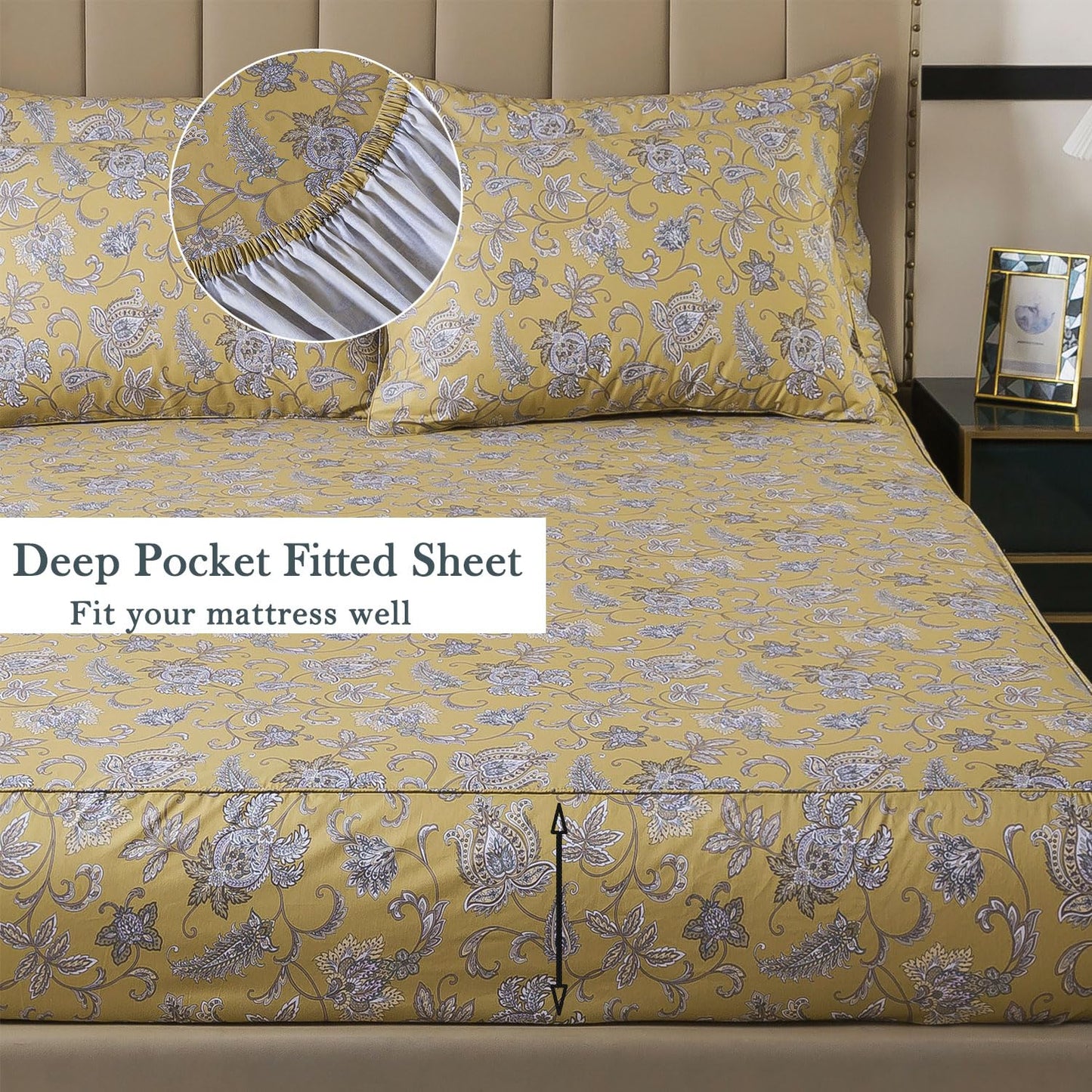 FADFAY 100% Cotton Queen Sheet Set, Olive Green Paisley Floral Bed Sheets, Deep Pocket Fitted Sheet, Pet-Friendly Soft Breathable Cozy Bedding for All Seasons, 4-Piece
