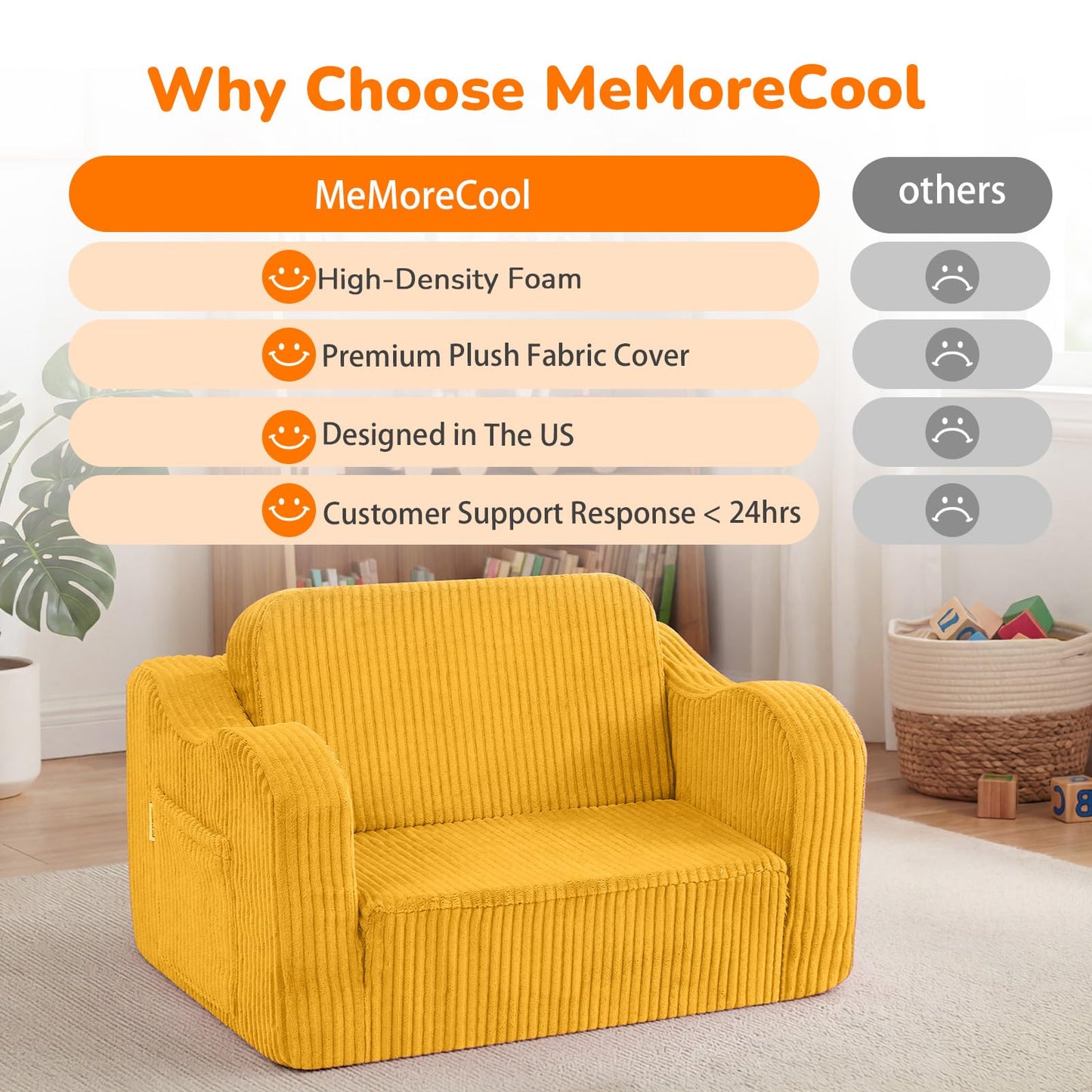 MeMoreCool Kids Couch, 2-in-1 Corduroy Kids Couch Fold Out to Recliner, Comfy Kids Chair for Ages 3+, Cushioned Foam Kids Sofa with Washable Cover for Playroom and Bedroom, Mustard Yellow