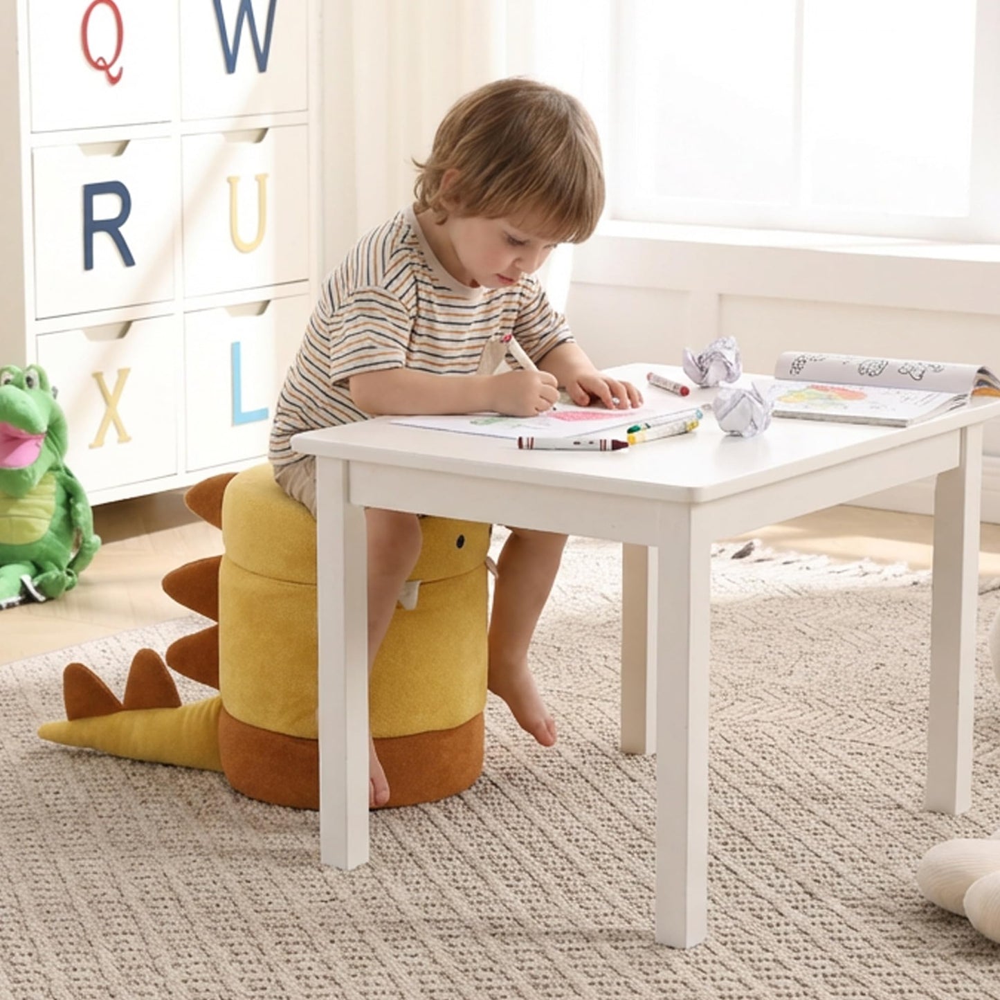 DAYARUS Dinosaur Toddler Chair Comfy Chenille Kids Reading Chairs, Toddler Dinosaur Ottoman, No Assembly Children Stool, Cute Kids Storage Ottoman, Wood Kid Desk Chairs for Playroom/Nursery, Yellow