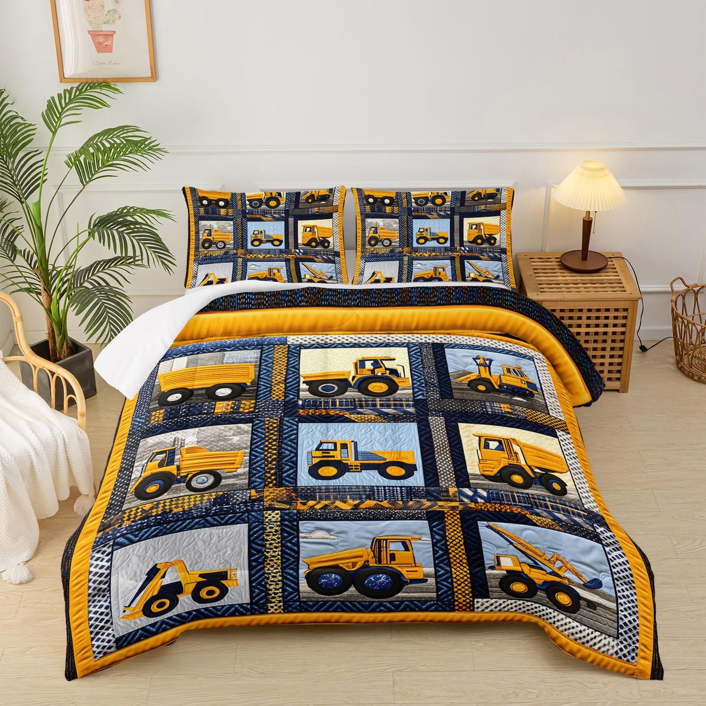 lneffble Kids Excavator Comforter Set Twin,Boys Construction Bedding Set,Yellow Vehicles Excavator Tractor Print Bedding Set,Soft Microfiber Cartoon Truck Quilt Set for Room Decor