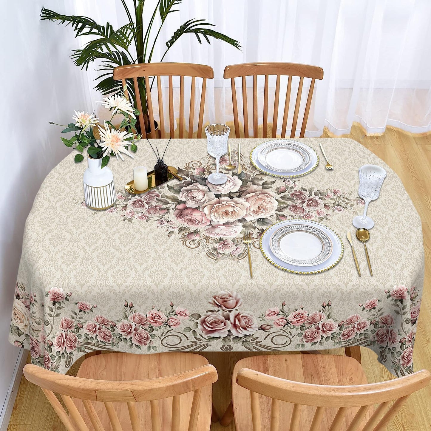 Faptoena Oval Floral Tablecloth 60×84 inch Rose Gold Table Cloth Modern Minimalist Style Decorations for Dining Room Coffee Table Outdoor Picnic
