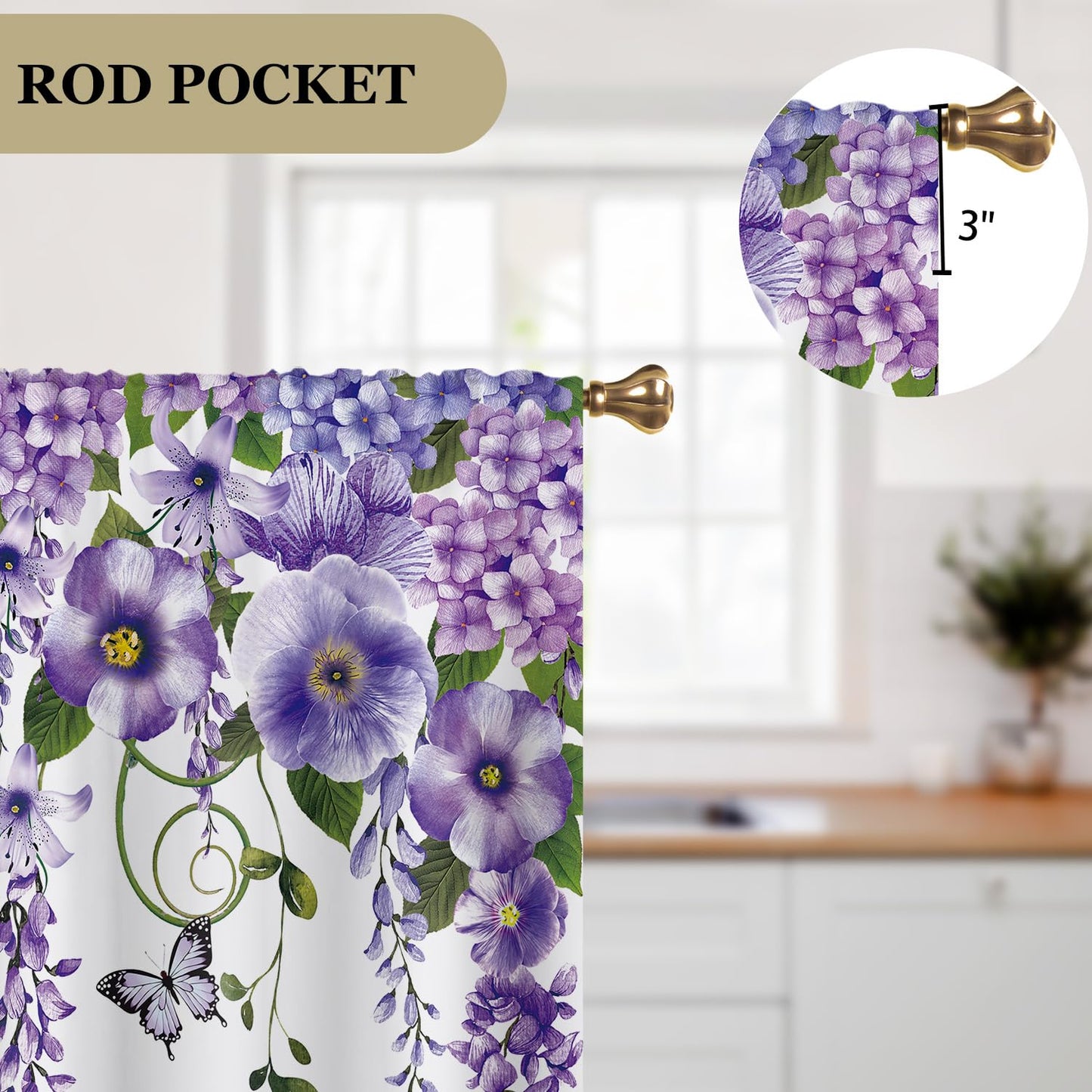 Cizuug Purple Floral Butterfly Lavender Kitchen Curtains Purple Floral Farmhouse Country Drapes Rod Pocket Spring Lilac Flower Summer Small Short Cafe Tier Curtain for Bathroom 2 Panels (27.5x39Inch)