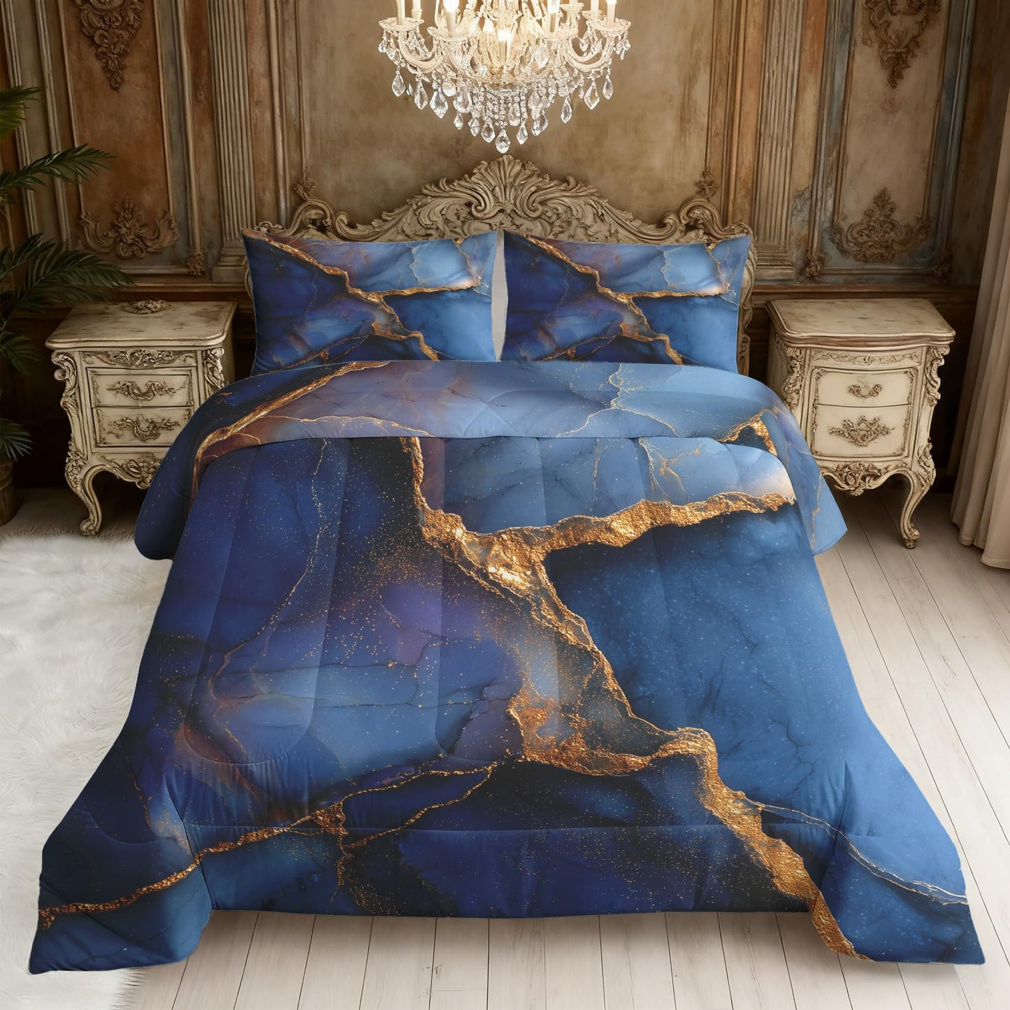 Blue Marble Comforter Set King Size 3Pc, Modern Abstract Pattern Down Alternative Bed Comforter, 2 Pillow Shams, Soft All Season Bedding, Blue Marble Bedroom Decor AF66