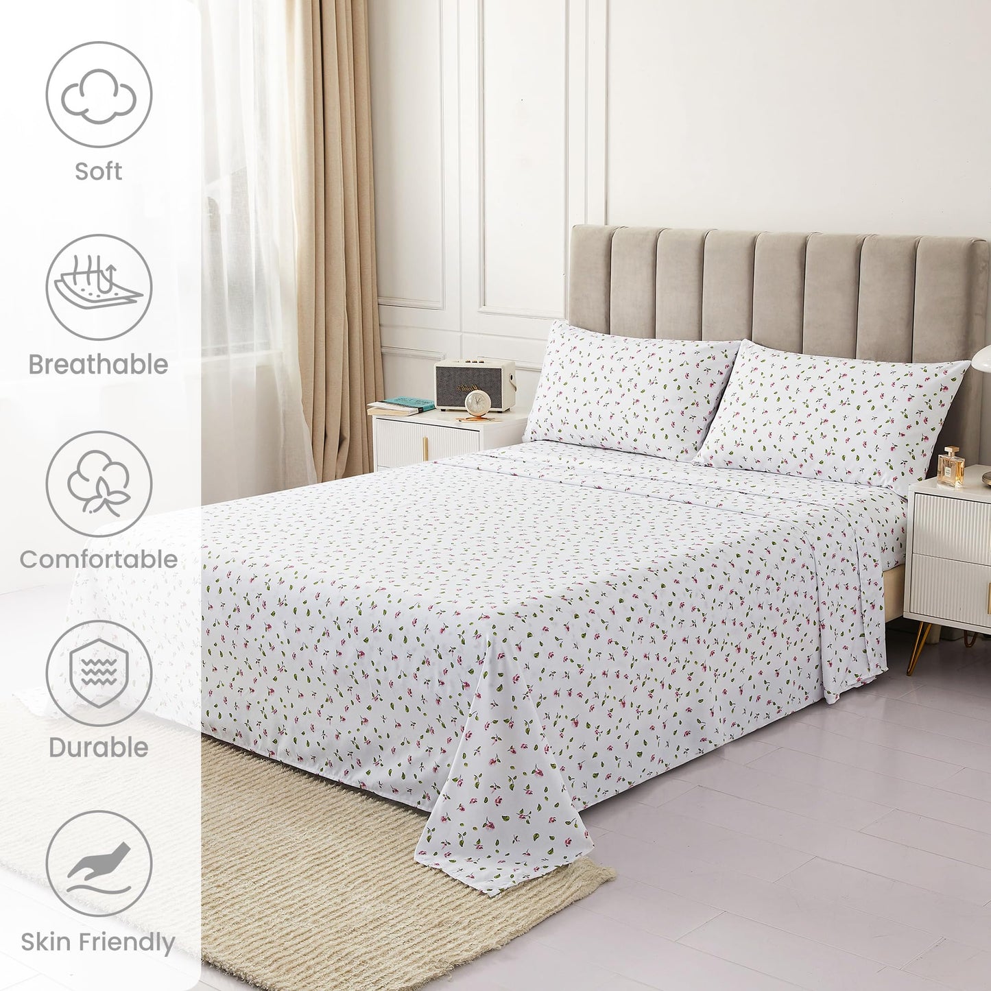 Mooreeke Queen Sheets Set - 4 Pieces Soft Breathable Microfiber Bed Sheet Set - Pink Flower Green Leaf Pattern Sheet Set - Deep Pocket Non-Slip Floral Printed Fitted Sheet Included for All Season
