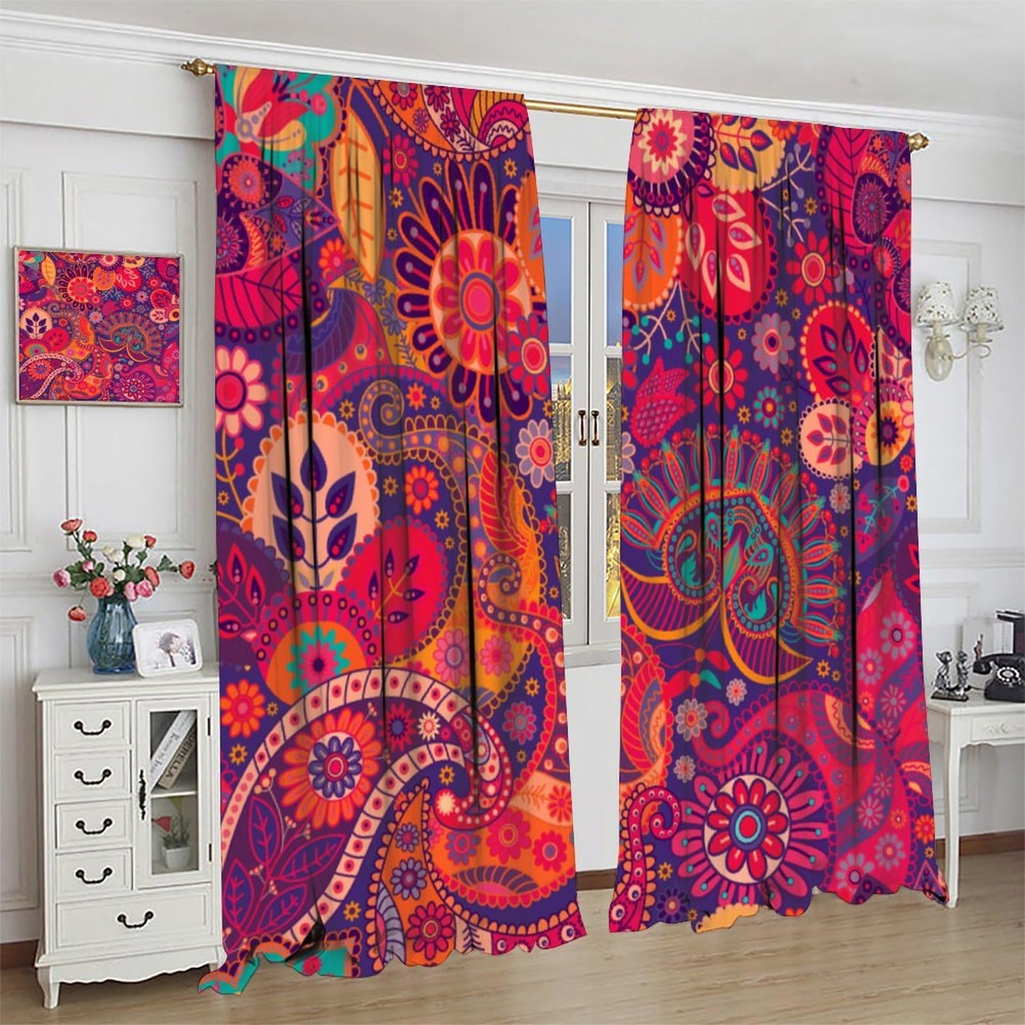 ICMOLYYENLO Vintage Bohemian Curtains, Abstract Paisley Floral Boho Style Indian Mandala Pattern Print Living Room Blackout Curtains for Bedroom 42x44 Inch