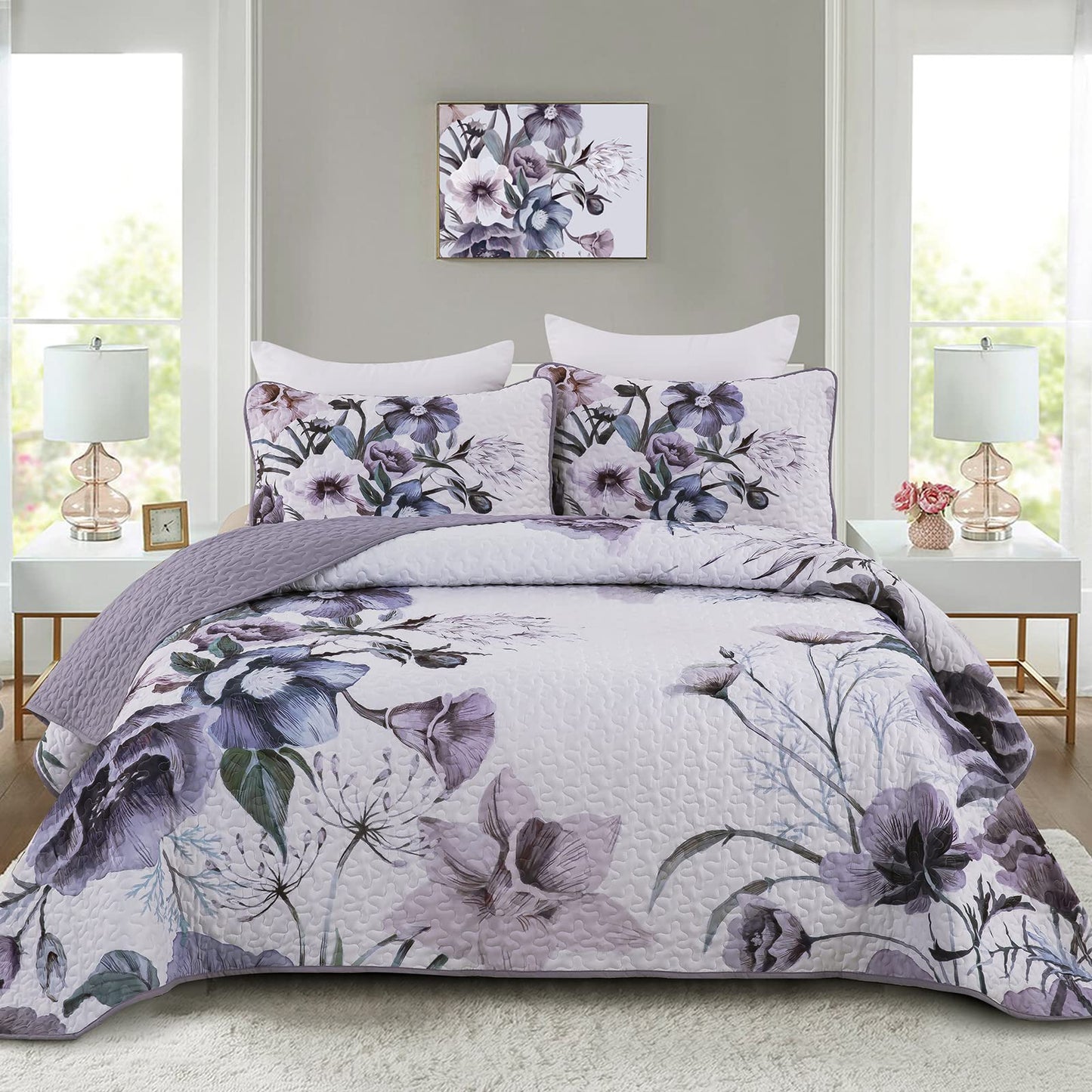 3 Pieces Floral Quilt Set Full Purple Flower Pattern Quilt Coverlet Set Soft Microfiber Lightweight Boho Purple Floral Quilted Bedspread for All Season 80"x90"