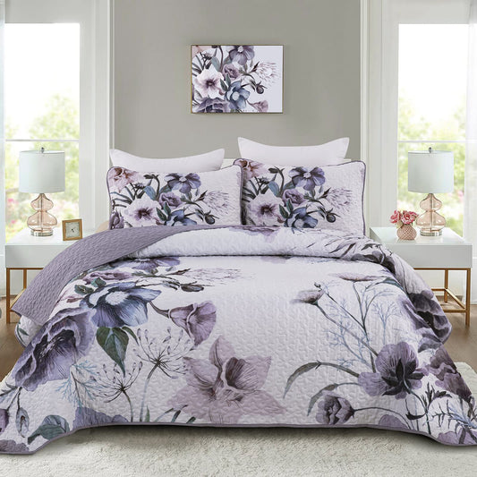 3 Pieces Floral Quilt Set Full Purple Flower Pattern Quilt Coverlet Set Soft Microfiber Lightweight Boho Purple Floral Quilted Bedspread for All Season 80"x90"