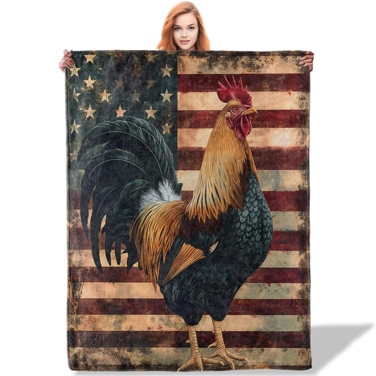 Plistiz Patriotic Rooster Throw Blanket, Farmhouse Style Flannel Throw, Vintage American Flag Rooster Gifts for Women, 50x60 Inch