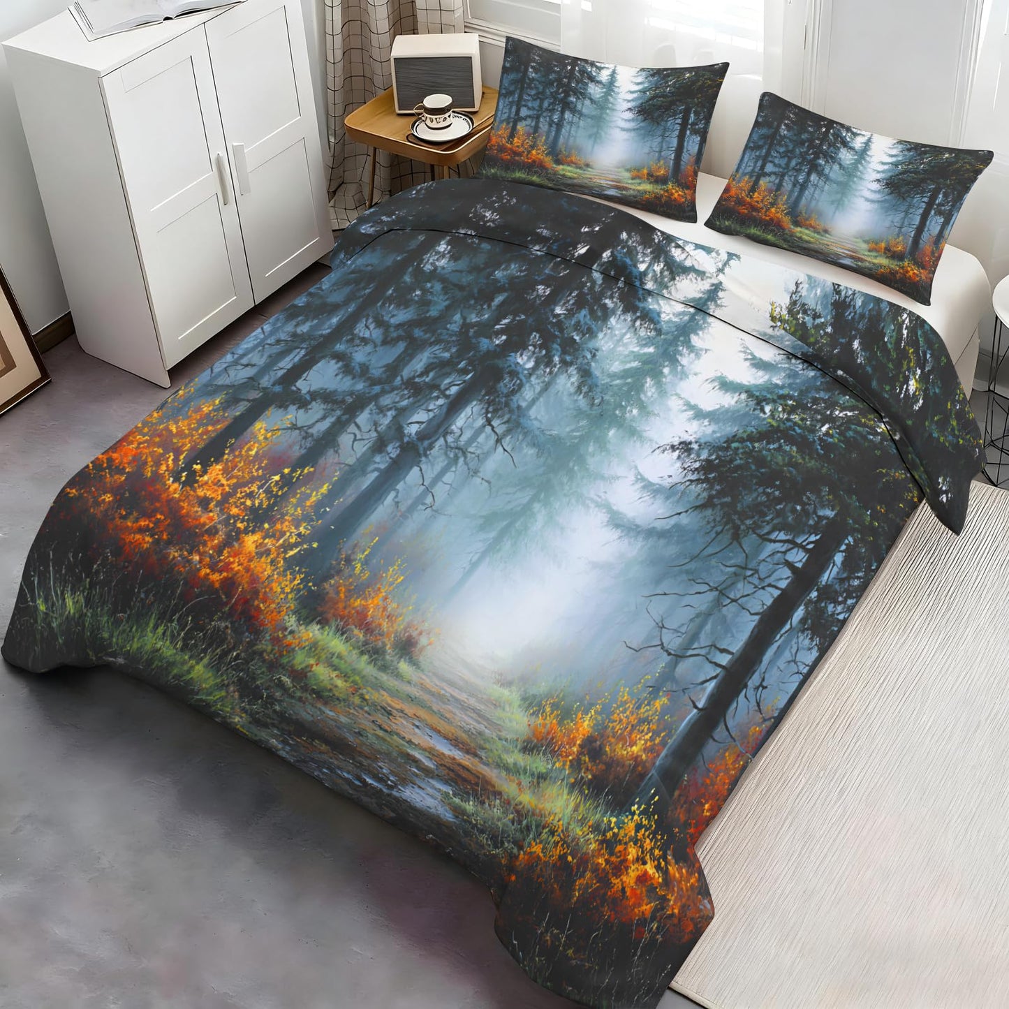 Misty Forest Duvet Cover 80" x 90", Forest Path Bedding Set, Natural Woodland Tree Comforter Cover with Zipper Ties