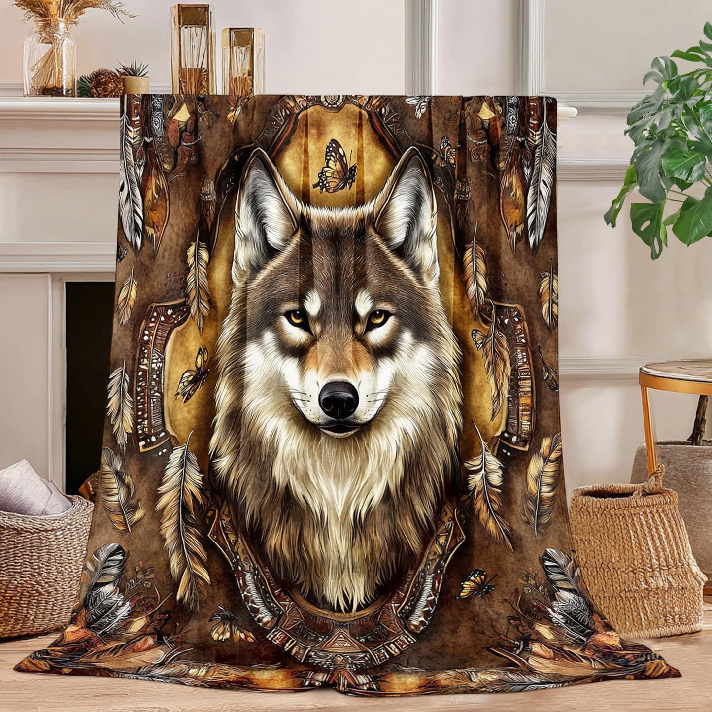 Indian Wolf Blanket Wolf Fleece Throw Blanket Super Soft Fuzzy Plush Cozy Warm Wolves Decor Stuffed Bedding Blankets Gift for Boys Girls Men Women Kids & Adult 50"x40"