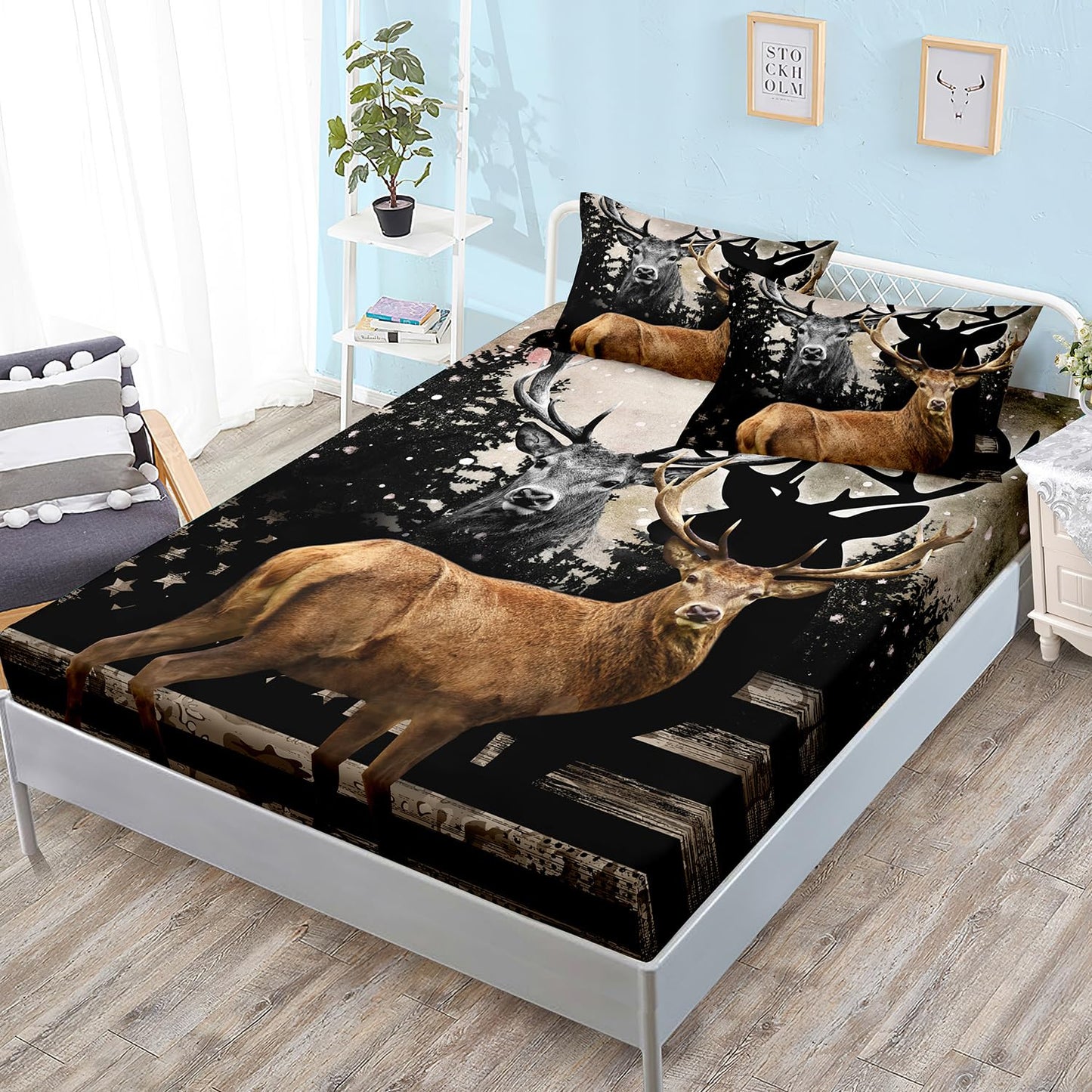 HOSIMA Snowy Forest Animal Bedding Set with 2 Pillowcases,Camo American Flag Twin Bed in a Bag Set for Adults Teen Mens Bedroom Essentials,Wildlife Elk Deer Fitted Sheet Deer Bedding.
